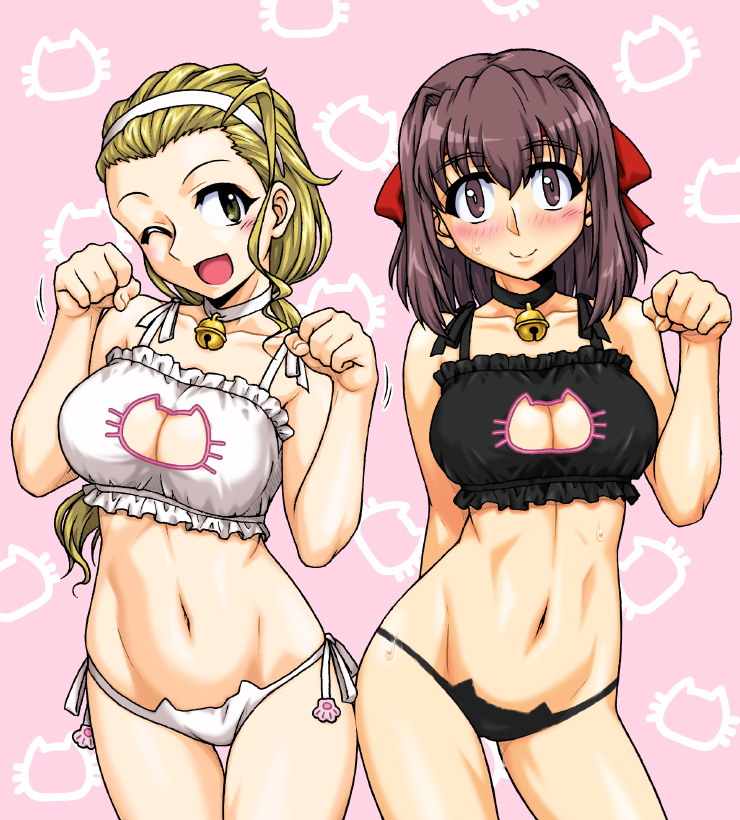 2girls bell bell_choker black_bra black_hair black_lingerie black_panties blonde_hair bra breasts brown_eyes cat_bell cat_keyhole_bra cat_keyhole_lingerie cat_lingerie choker cleavage_cutout girls_und_panzer hairband hairbow kondou_taeko large_breasts lingerie long_hair looking_at_viewer midriff navel one_eye_closed oosaka_kanagawa panties ponytail sasaki_akebi side-tie_panties sweat white_bra white_lingerie white_panties winking yellow_eyes