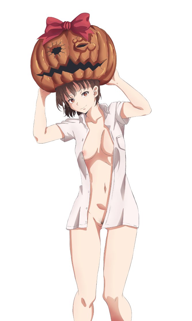 belly breasts brown_hair color female female_focus female_only hands_up keihh killer looking_at_viewer mask murder naoko_kirino nipples only_shirt open_eyes partially_clothed pubic_hair pumpkin pumpkin_head pumpkin_night pussy serial_killer shirt simple_background smile smiling smiling_at_viewer vagina white_background white_clothing white_shirt yellow_eyes