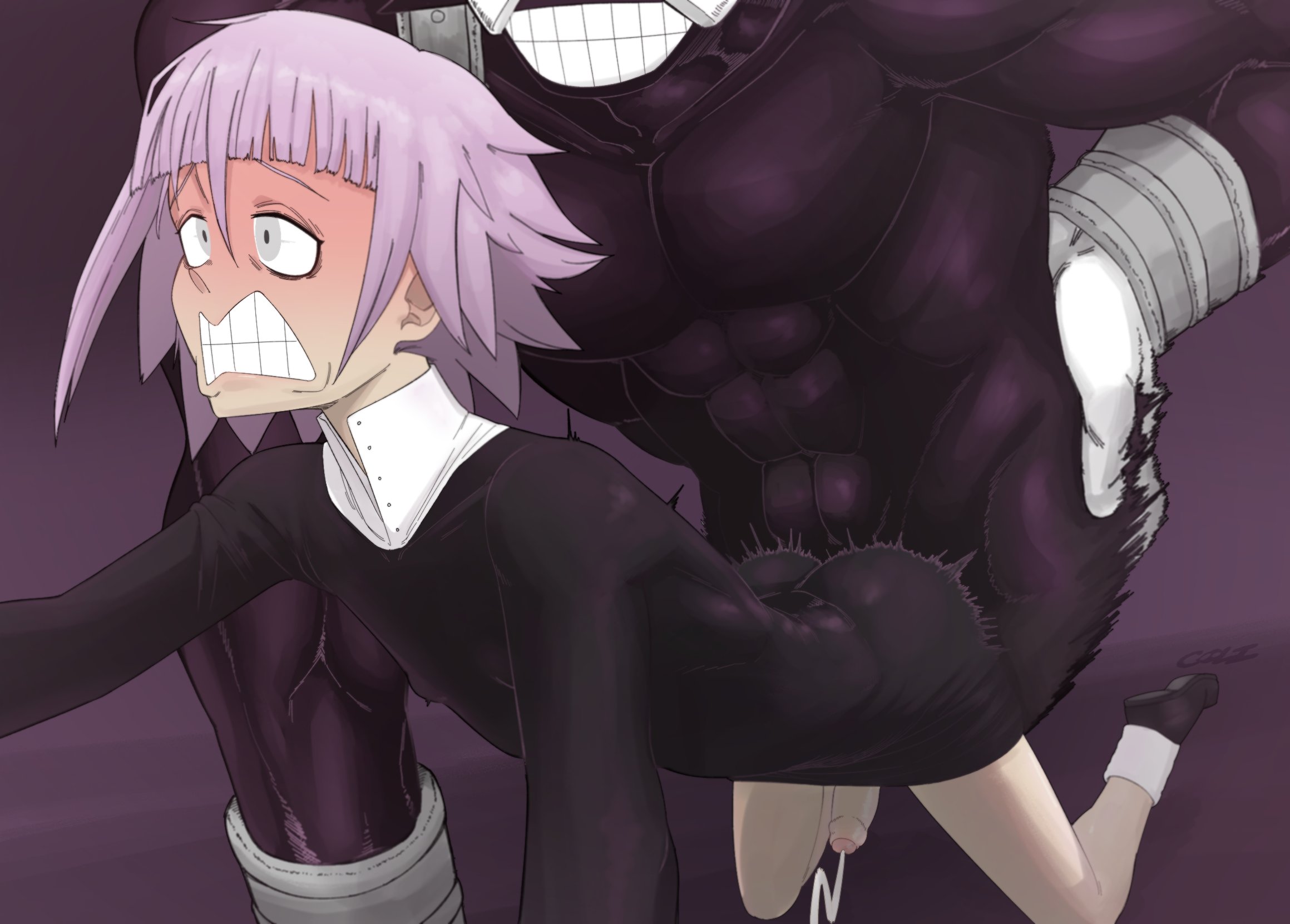 2boys, androgynous, coli, coliboly, crona (soul eater), cumshot, femboy, feminine male, gay, male, pale skin, pink hair, questionable consent, soul eater, yaoi