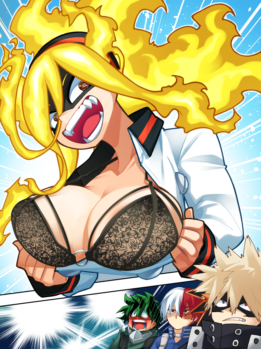 1girls 3boys age_difference bakugou_katsuki big_breasts black_bra blonde_hair blush bra breasts burnin_(my_hero_academia) busty cleavage deku exposed_breasts female female_focus fiery_hair green_hair heavy_blush hero_outfit_(mha) huge_breasts izuku_midoriya kamiji_moe katsuki_bakugou lace-trimmed_bra large_breasts lingerie midoriya_izuku midoriya_izuku_(hero_outfit) moe_kamiji my_hero_academia open_mouth open_shirt poco_(artist) presenting_breasts red_eyes red_face self_exposure sharp_teeth shouto_todoroki todoroki_shouto two_tone_hair undressing younger_male