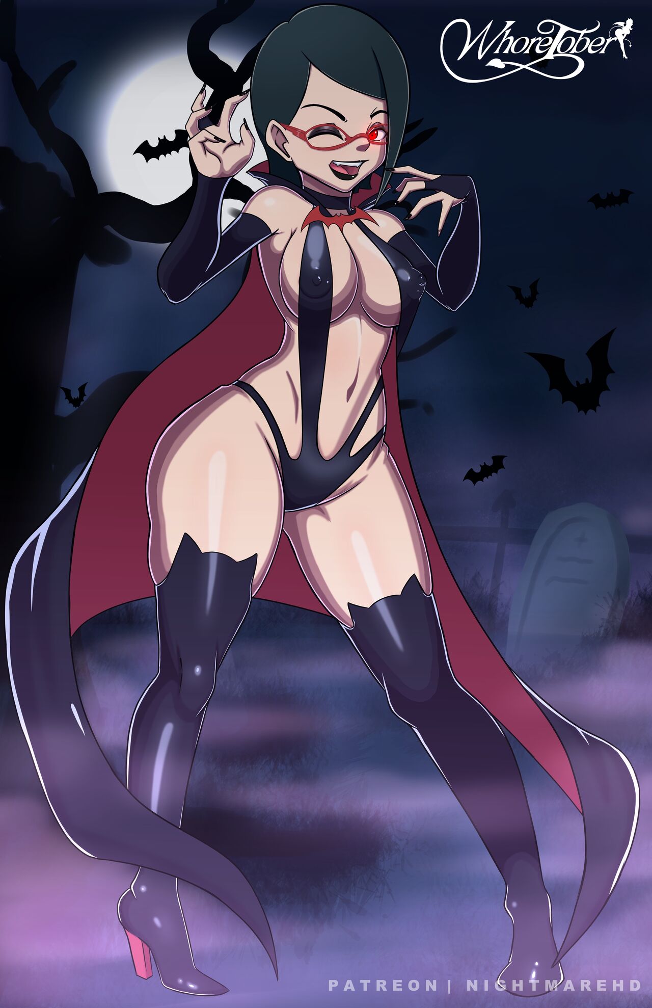 1girls, black hair, black lipstick, black nails, cape, female, functionally nude, glasses, halloween, halloween costume, high heel boots, high heels, lipstick, nail polish, naruto, naruto (series), nightmare hdraw, red eyes, sarada uchiha, tagme, vampire