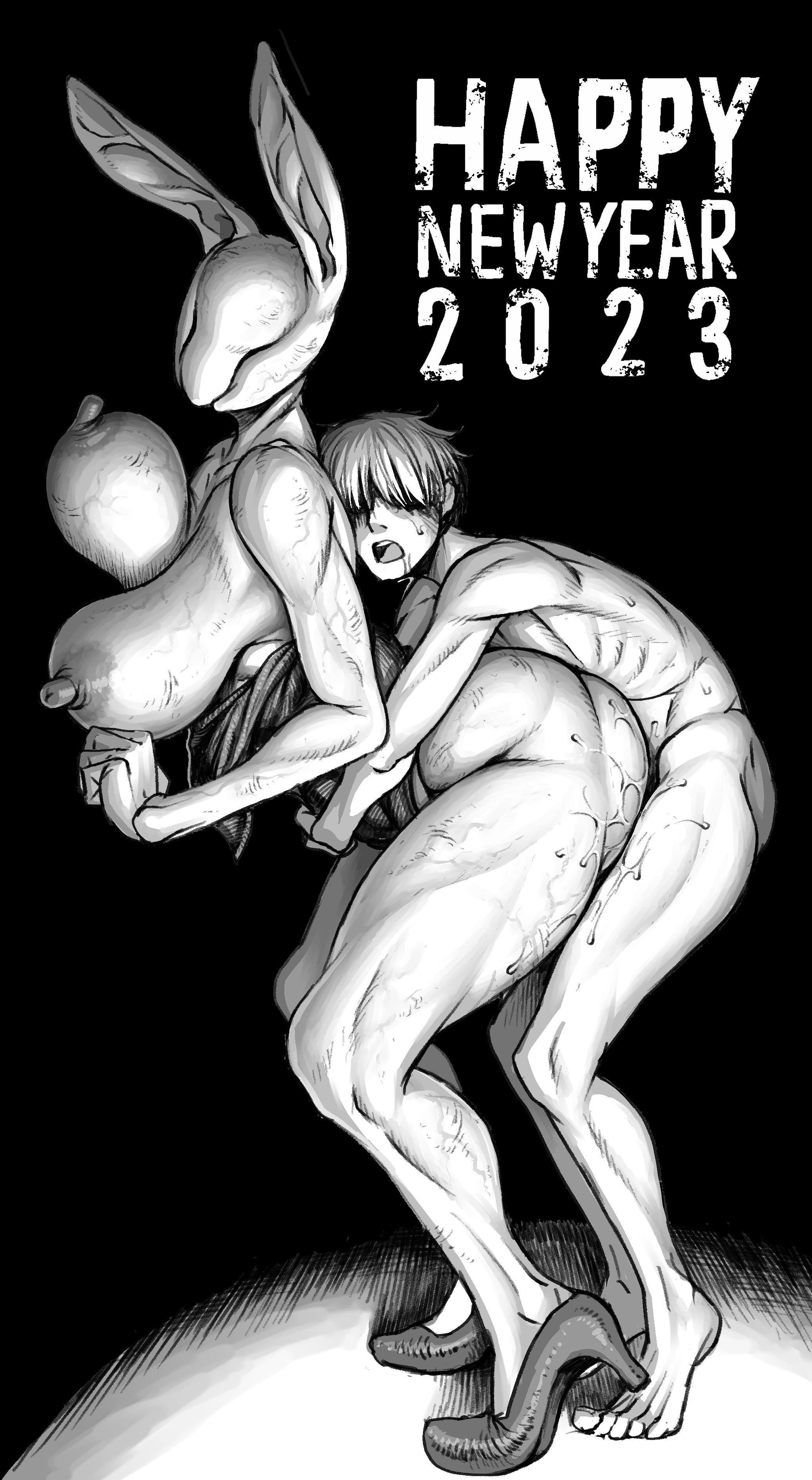1boy, 1girls, 2d, 2d (artwork), big breasts, breasts, bubble head nurse, bunny ears, bunny girl, bunnysuit, double deck, female, from behind, human, human penetrating, human penetrating humanoid, human/humanoid, humanoid, interspecies, male, male human/female humanoid, male human/female monster, male penetrating, male penetrating female, monster, monster girl, new year, nurse (silent hill), silent hill, silent hill 2, video games