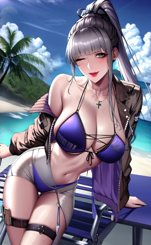 1girls, ai generated, bai yi (path to nowhere), beach, bikini, bikini top, breasts, cleavage, female, female focus, female only, green eyes, large breasts, older female, path to nowhere, ponytail, silver hair, skimpy, skimpy bikini, skimpy clothes, solo female, solo focus, tight clothing, winking, winking at viewer