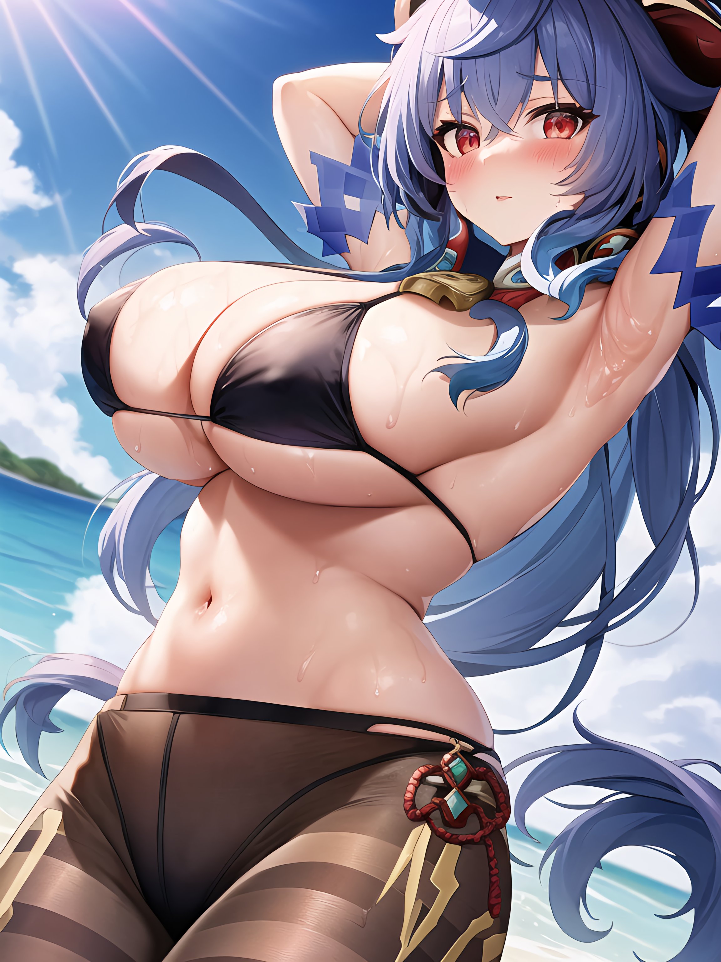 1girls, ai generated, alternate breast size, armpits, arms up, beach, bikini, bikini top, black bikini, black bikini top, blue hair, breasts, female, ganyu (genshin impact), genshin impact, horns, huge breasts, light skin, light-skinned female, long hair, outdoors, purple eyes, tights