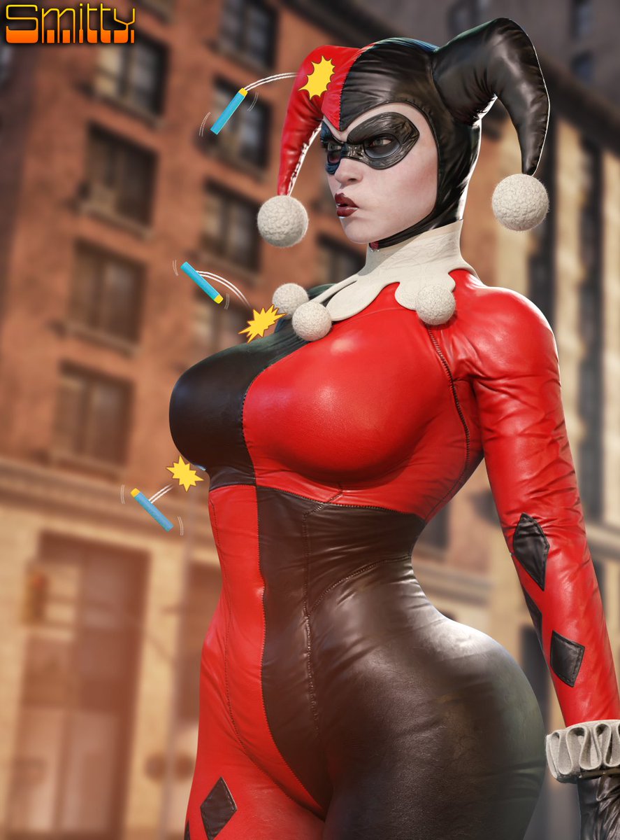 1girls, 3d, 3d (artwork), annoyed, batman (series), big breasts, blonde hair, bodysuit, breasts, busty, clussy, curvaceous, curvy, curvy figure, dc, dc comics, eyes, female, female only, foam bullets, harley quinn, harley quinn (classic), harley quinn (injustice), hips, hourglass figure, injustice 2, large breasts, light skin, light-skinned female, lips, smitty34, solo, solo female, villain, villainess, voluptuous, watermark, wide hips
