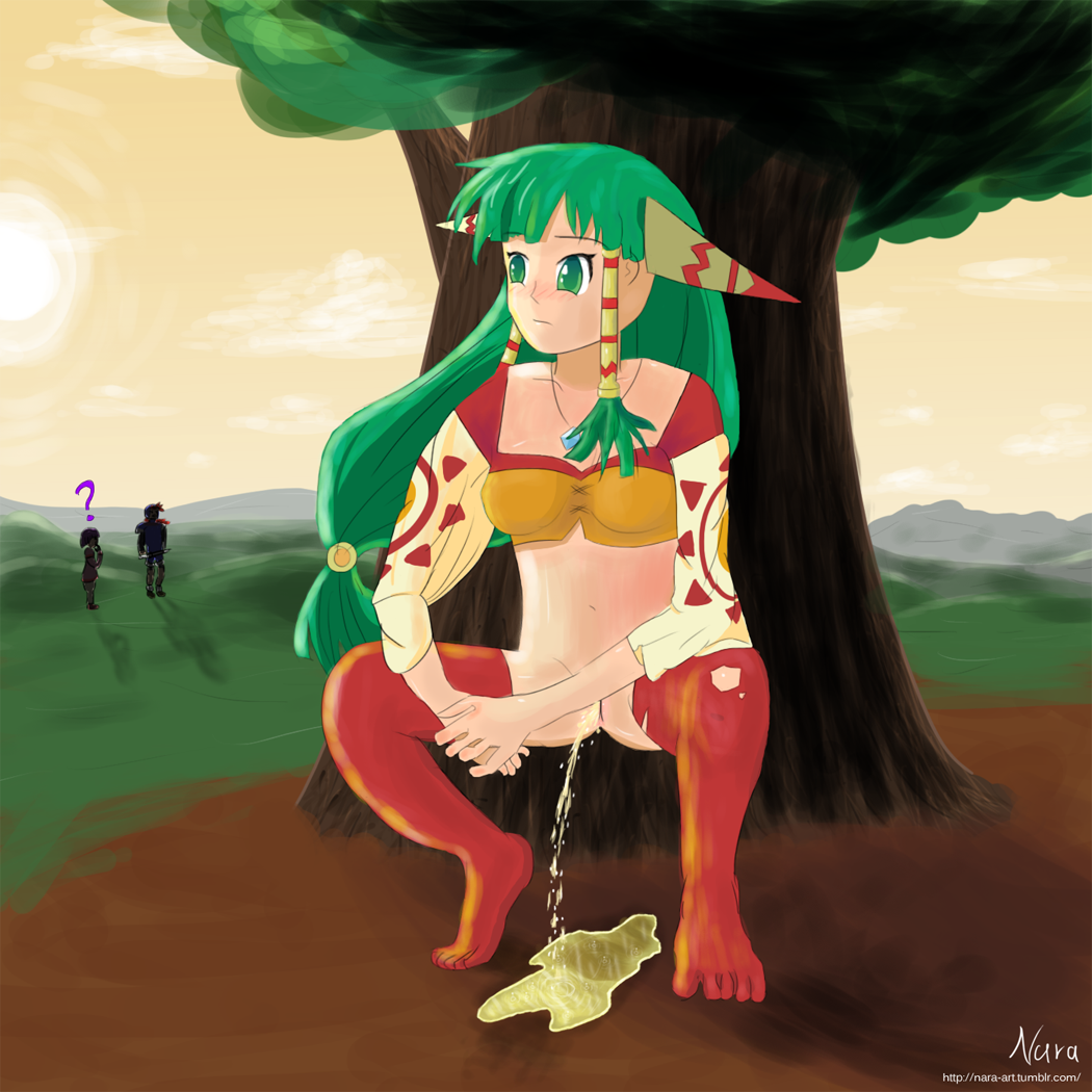 1girls behind_tree belly_button crouching feena_(grandia) grandia green_hair nara_(artist) peeing peeing_on_ground puddle pussy squatting urination urine urine_puddle urine_stream