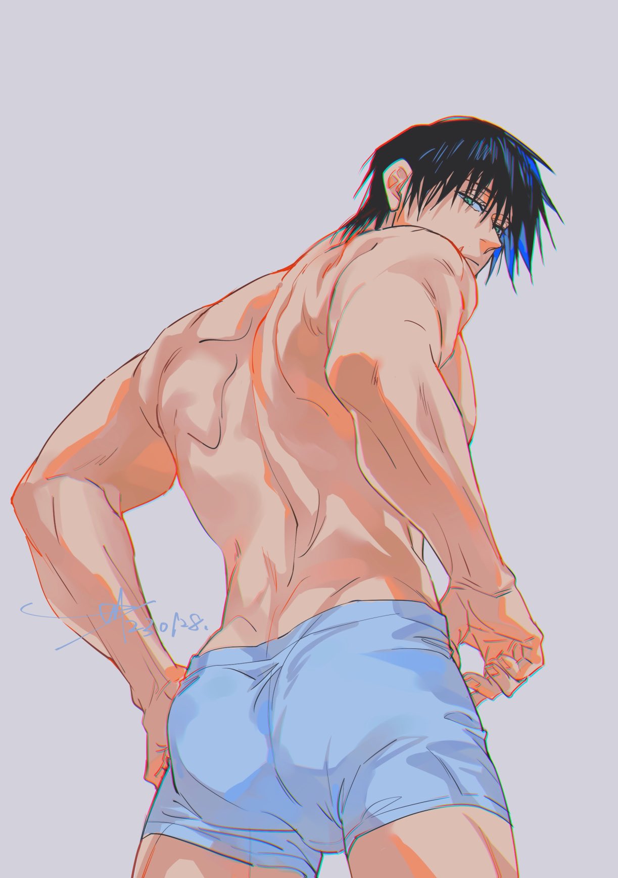 1boy, ass, ass focus, back, back view, bare back, black hair, blue eyes, boxers, bulge, from behind, jujutsu kaisen, light skin, light-skinned male, male, male only, muscular, muscular male, sashiyu, scar, shirtless, sole male, solo, toji fushiguro, topless, topless male, underwear, underwear only
