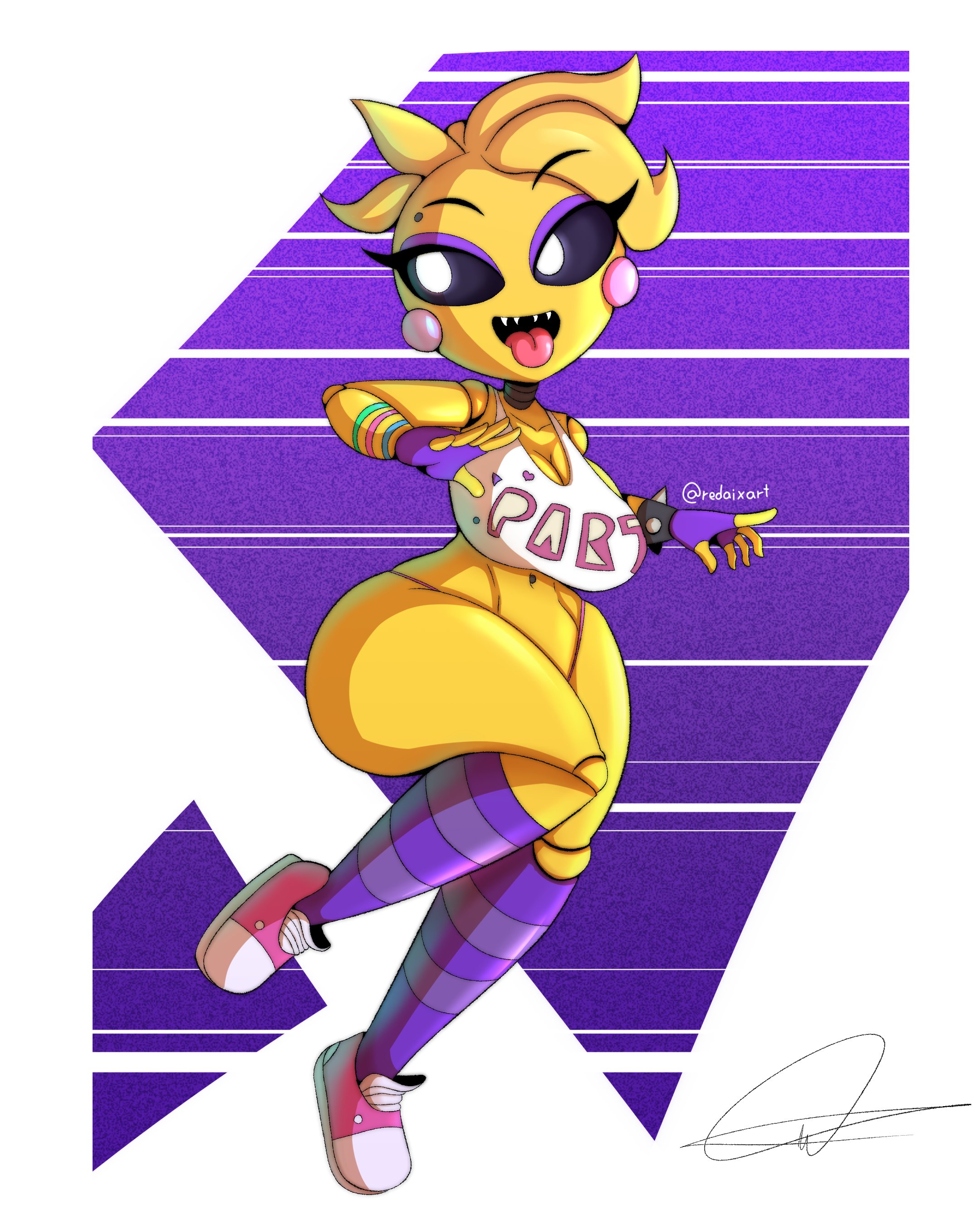 1girls, 2d, 2d (artwork), anthro, ass, avian, bib, big ass, big breasts, big thighs, bird, breasts, chicken, clothed, clothing, eroticphobia, female, five nights at freddy's, furry, gloves, huge ass, huge thighs, kneehighs, purple socks, redaixart, solo, solo female, solo focus, tagme, thick ass, thick thighs, thighs, tongue, tongue out, toy chica (eroticphobia), toy chica (fnaf), wide hips, yellow hair, yellow skin