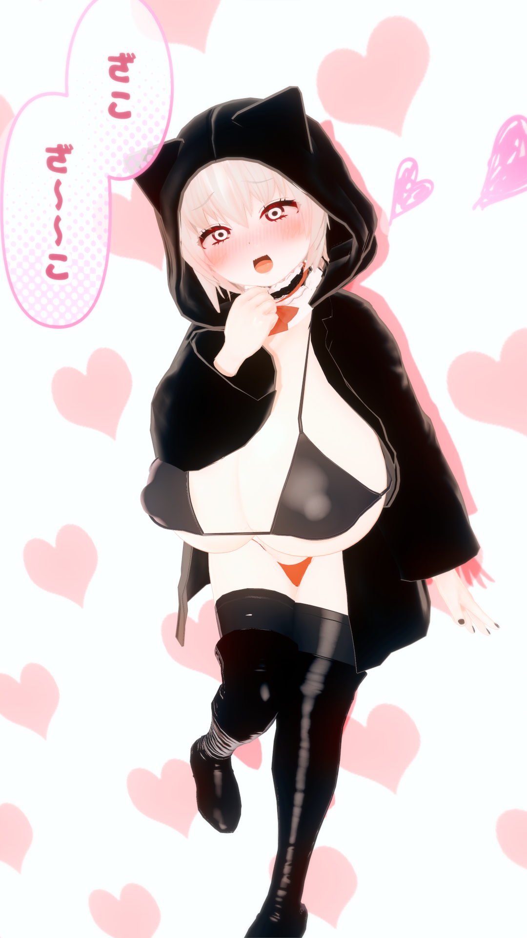 3d, 3d (artwork), big breasts, blush, bra, breasts, creepypasta, female, heart, high heel boots, high heels, hoodie, huge breasts, jacket, jeff the killer, jeff the killer (ai), large breasts, looking at viewer, lucas kostaway, massive breasts, meme, nail polish, open mouth, panties, rule 63, silver hair, smile, solo, standing, text