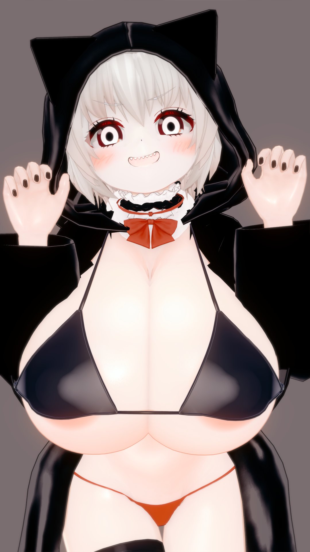 areolae big_breasts blush bra breasts collar creepypasta female high_heels hoodie huge_breasts jacket jeff_the_killer jeff_the_killer_(ai) looking_at_viewer lucas_kostaway massive_breasts meme nail_polish open_mouth panties rule_63 smile solo standing