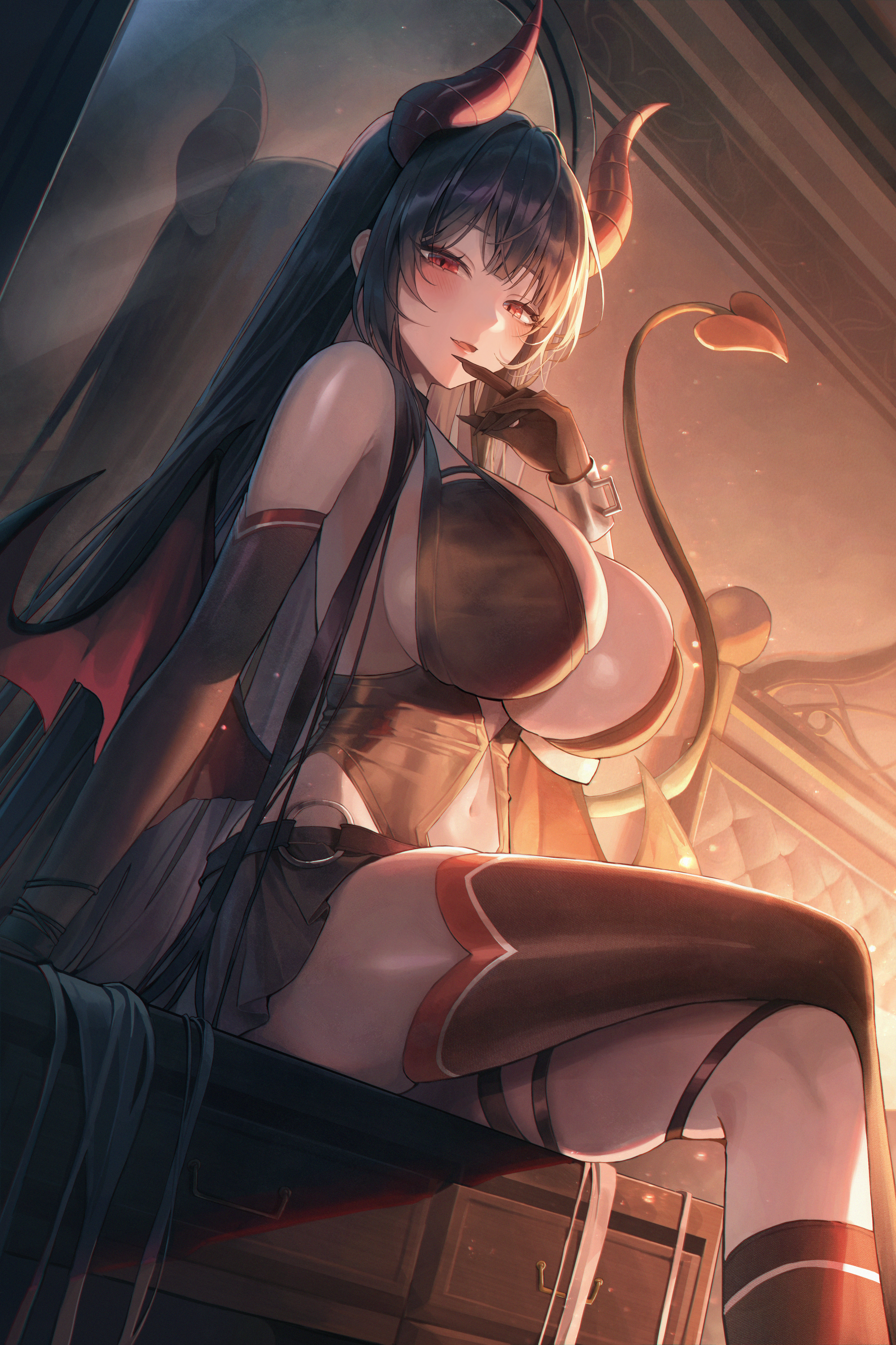 absurd res, asymmetrical legwear, bare shoulders, black hair, breasts, cleavage, demon, demon girl, demon horns, demon tail, demon wings, female, female only, highres, horns, huge breasts, long hair, looking at viewer, meoyo, miniskirt, navel, open mouth, original, red eyes, revealing clothes, sitting, skirt, smile, solo, tail, thighhighs, wings