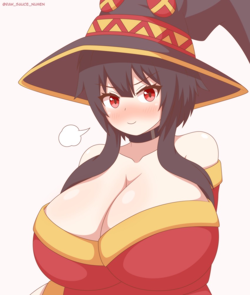 alternate_breast_size bare_shoulders big_boobs big_breast big_breasts blush blushing brown_hair choker cleavage doyagao hat hyper hyper_breasts kono_subarashii_sekai_ni_shukufuku_wo! large_breast large_breasts megumin numen red_eyes sidelocks smile smiling witch_hat