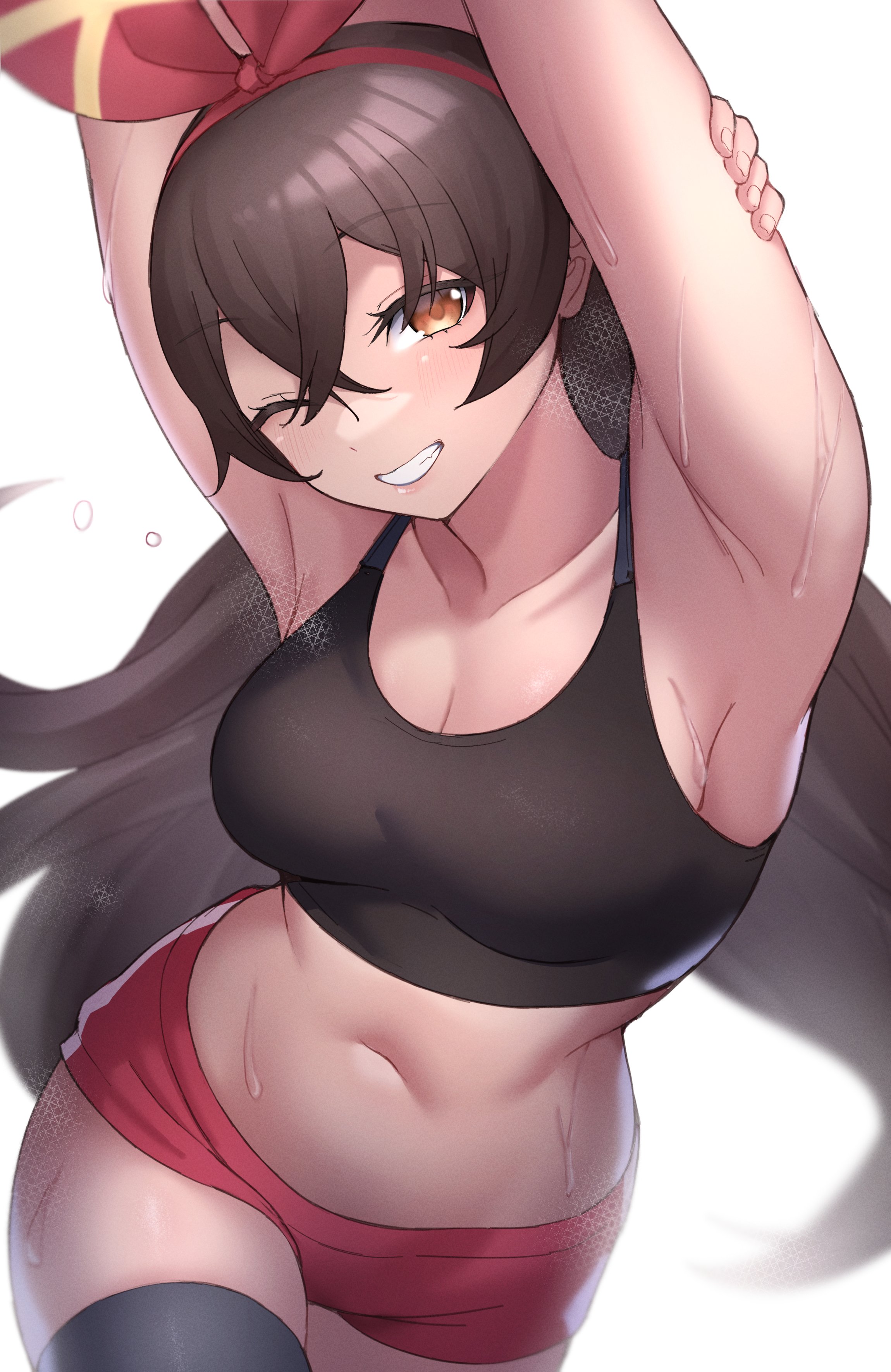 1girls, amber (genshin impact), armpits, athletic, athletic female, big breasts, black sports bra, black thighhighs, breasts, brown eyes, brown hair, female, female only, genshin impact, hair, headwear, kirima (user danf8787), long hair, one eye closed, red shorts, short shorts, shorts, smile, solo, solo female, sports bra, sweat, sweatdrop, sweaty, thick thighs, thighhighs, thighs