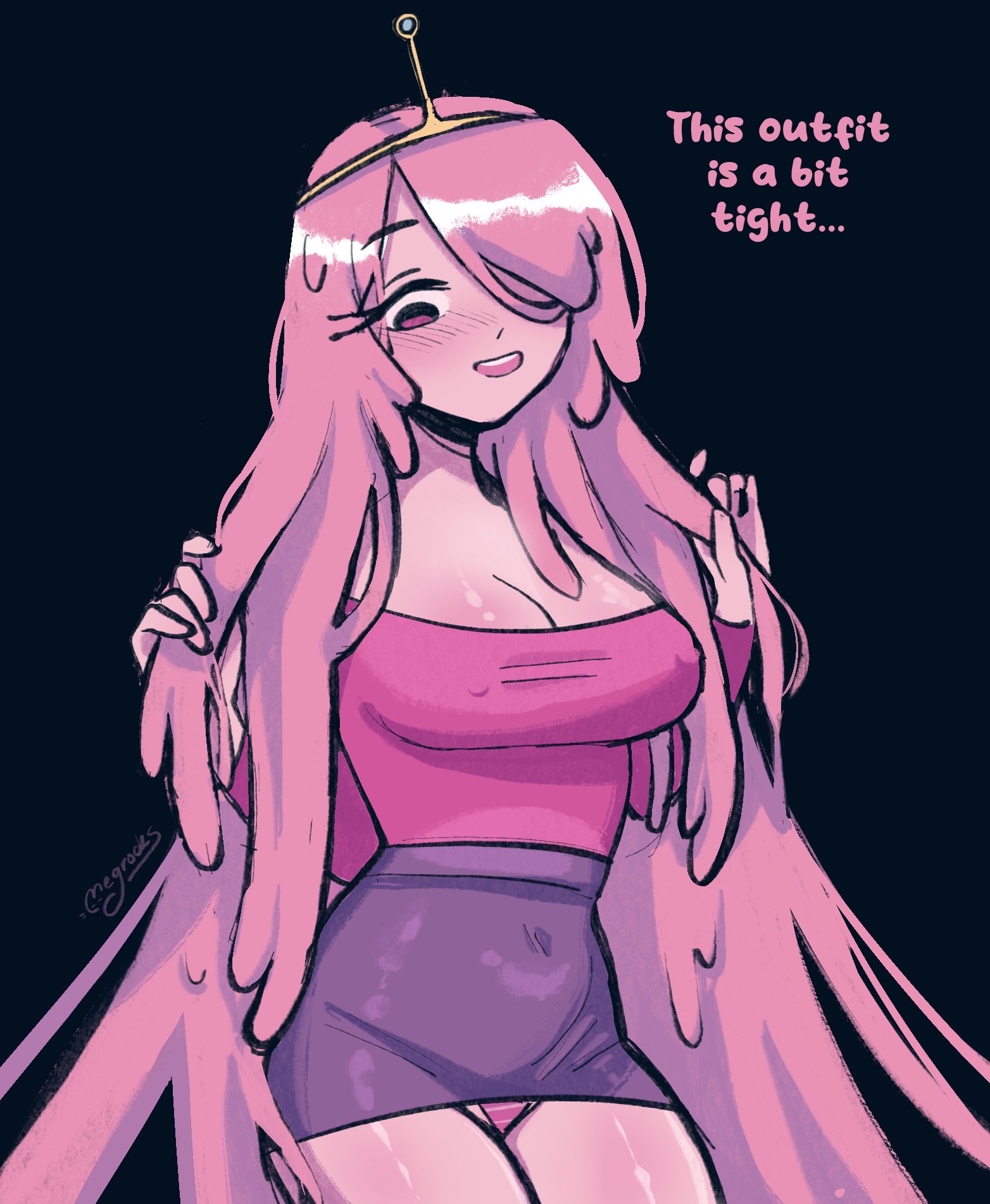1girls, 2023, adventure time, blush, breasts, cartoon network, cleavage, english text, erect nipples, erect nipples under clothes, female, female only, hair over one eye, long hair, megrocks, nipples, panties, pencil skirt, pink eyes, pink hair, pink panties, pink skin, princess bubblegum, short skirt, skirt, standing, striped panties, text, thighs, tiara, tight clothing, very long hair