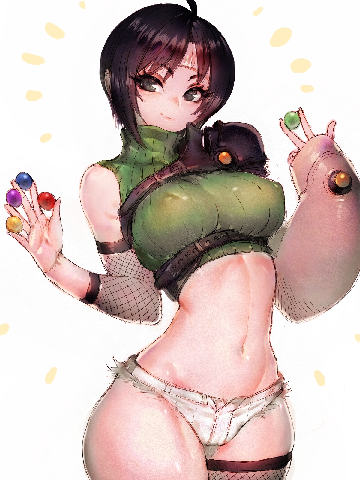 1girls, alternate breast size, big breasts, black hair, booty shorts, breasts, brown eyes, crop top, female, female only, final fantasy, final fantasy vii, fumio (rsqkr), holding object, large breasts, light skin, light-skinned female, nipples visible through clothing, short hair, short shorts, shorts, slim waist, smile, solo, thighs, yuffie kisaragi