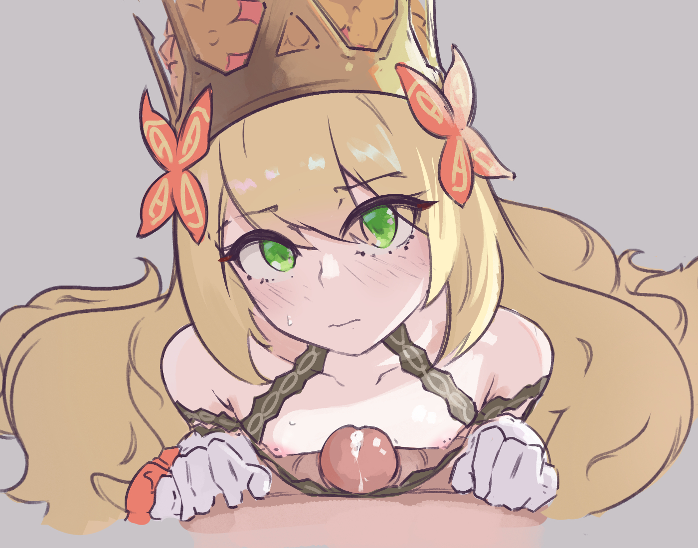 1boy, 1girls, blonde hair, breasts, celine (fire emblem), female, female focus, fire emblem, fire emblem engage, green eyes, long hair, looking at viewer, male, male pov, naizuri, nintendo, paizuri, pflglcht, pov, small breasts, solo focus, source request