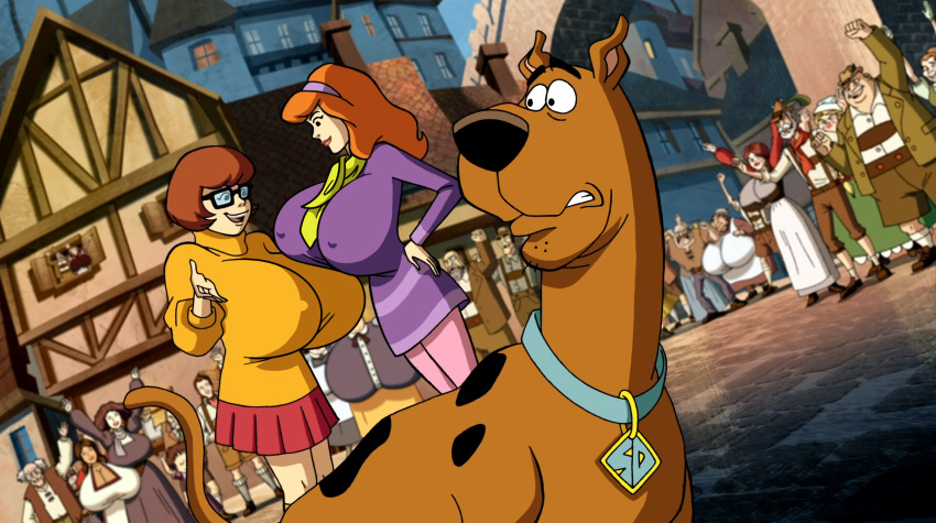 accurate_art_style breasts_on_breasts cheering cleavage daphne_blake gigantic_breasts hands_on_hips human looking_at_breasts nipple_bulge outside scooby-doo scooby-doo_(character) screenshot_edit velma_dinkley woot