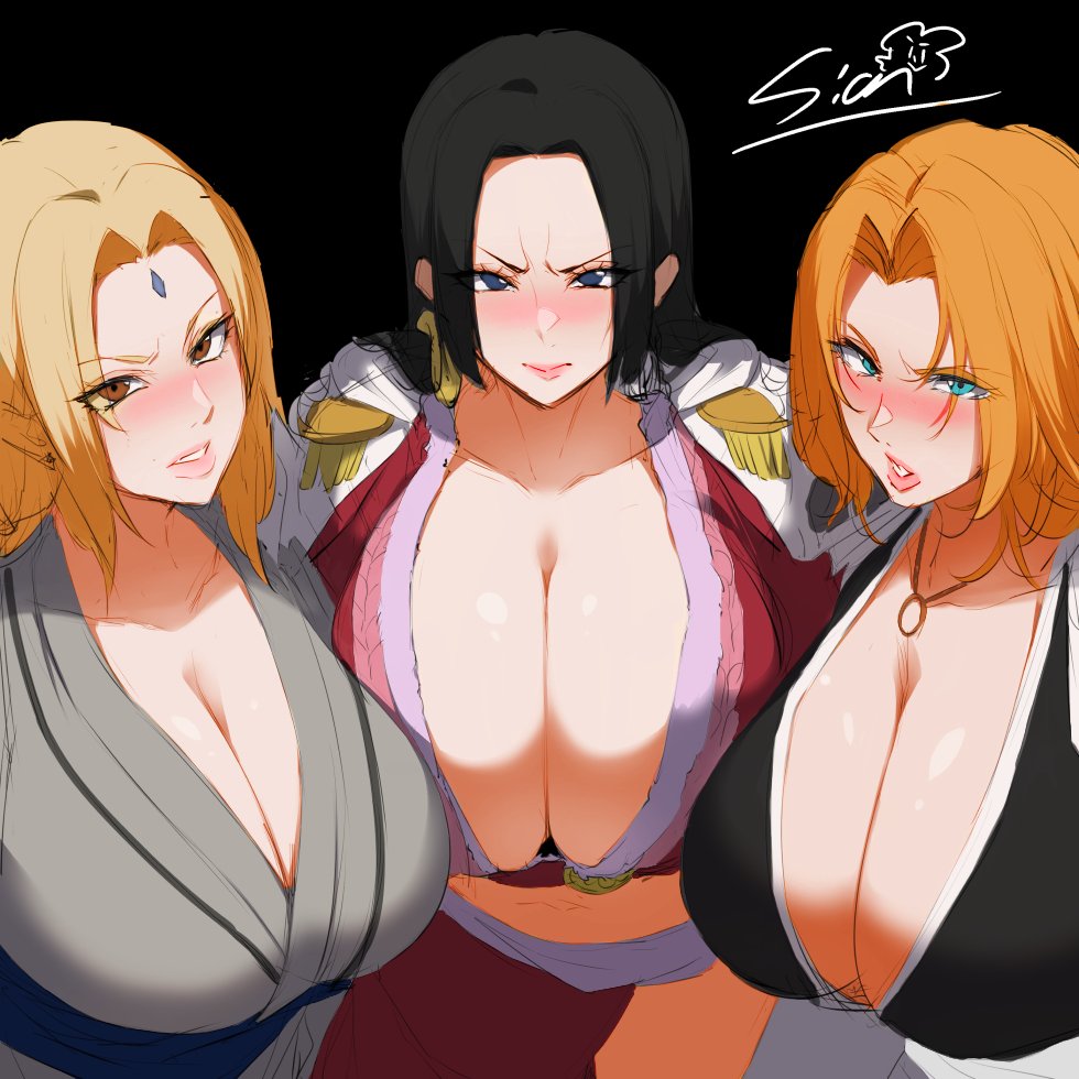 3girls alternate_version_available aqua_eyes black_background black_hair bleach bleach:_the_thousand-year_blood_war blonde_female blonde_hair blush boa_hancock breast_focus breasts brown_eyes busty cleavage clothed clothing color colored company_connection crossover deep_cleavage dress earrings edit empress female female_only forehead_jewel forehead_mark front_heavy_breasts full_cleavage heavy_breasts hime_cut huge_breasts jewelry kimono kunoichi light_brown_eyes light_skin long_cleavage long_hair looking_at_viewer massive_breasts matsumoto_rangiku mature mature_female mature_woman multiple_girls naruto naruto_(series) naruto_shippuden necklace ninja no_bra one_piece oppai orange_hair parted_bangs pirate presenting presenting_breasts ring_necklace royalty shinigami shounen_jump shueisha sian signature take_your_pick teal_eyes the_big_6 third-party_edit tomyy_arts trait_connection tsunade turquoise_eyes voluptuous voluptuous_female weekly_shonen_jump