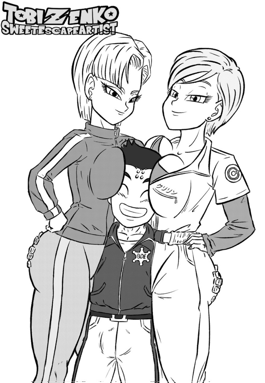 1boy 2girls android_18 between_breasts between_girls black_and_white breast_smother bulma_briefs dragon_ball dragon_ball_super grabbing_ass krillin kuririn size_difference smile sweetescapeartist