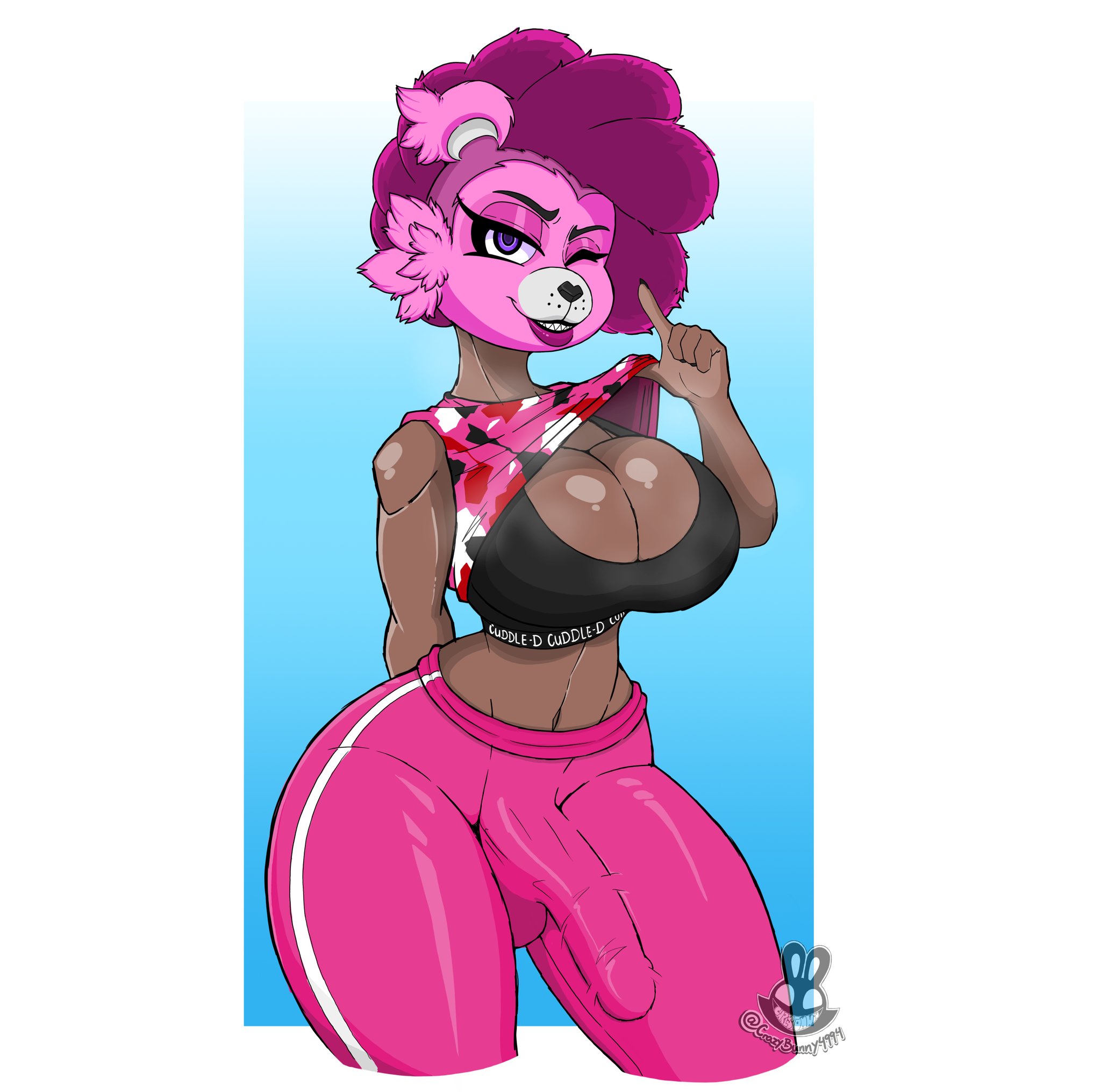 1futa, 2023, big breasts, big hips, big penis, bra, breasts, bulge, christomwow, cleavage, clothed, clothing, cuddle team leader, dark skin, dark-skinned futa, erection, fortnite, fully clothed, furry, futa only, futanari, hand behind back, human, intersex, lifting shirt, looking at viewer, one eye closed, penis, pink hair, purple eyes, short hair, smiling, smiling at viewer, solo, sports bra, standing, steam, steaming body, thick thighs, wide hips