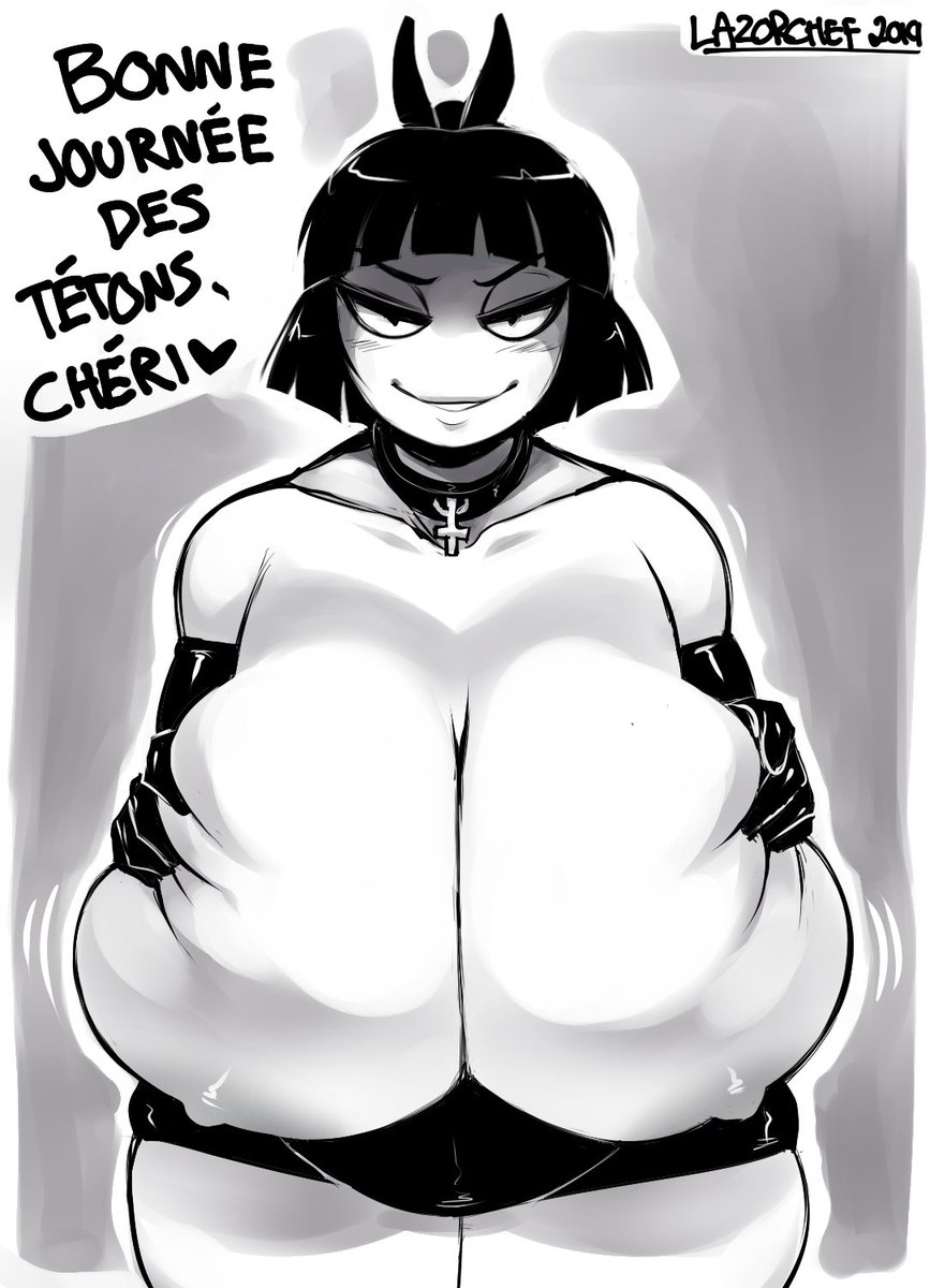 1girls, adult swim, big breasts, breasts, chubby, creepy susie, detached sleeves, female, french text, goth, huge breasts, lazorchef, looking at viewer, nipples, pov eye contact, seductive smile, the oblongs, thick thighs, topless