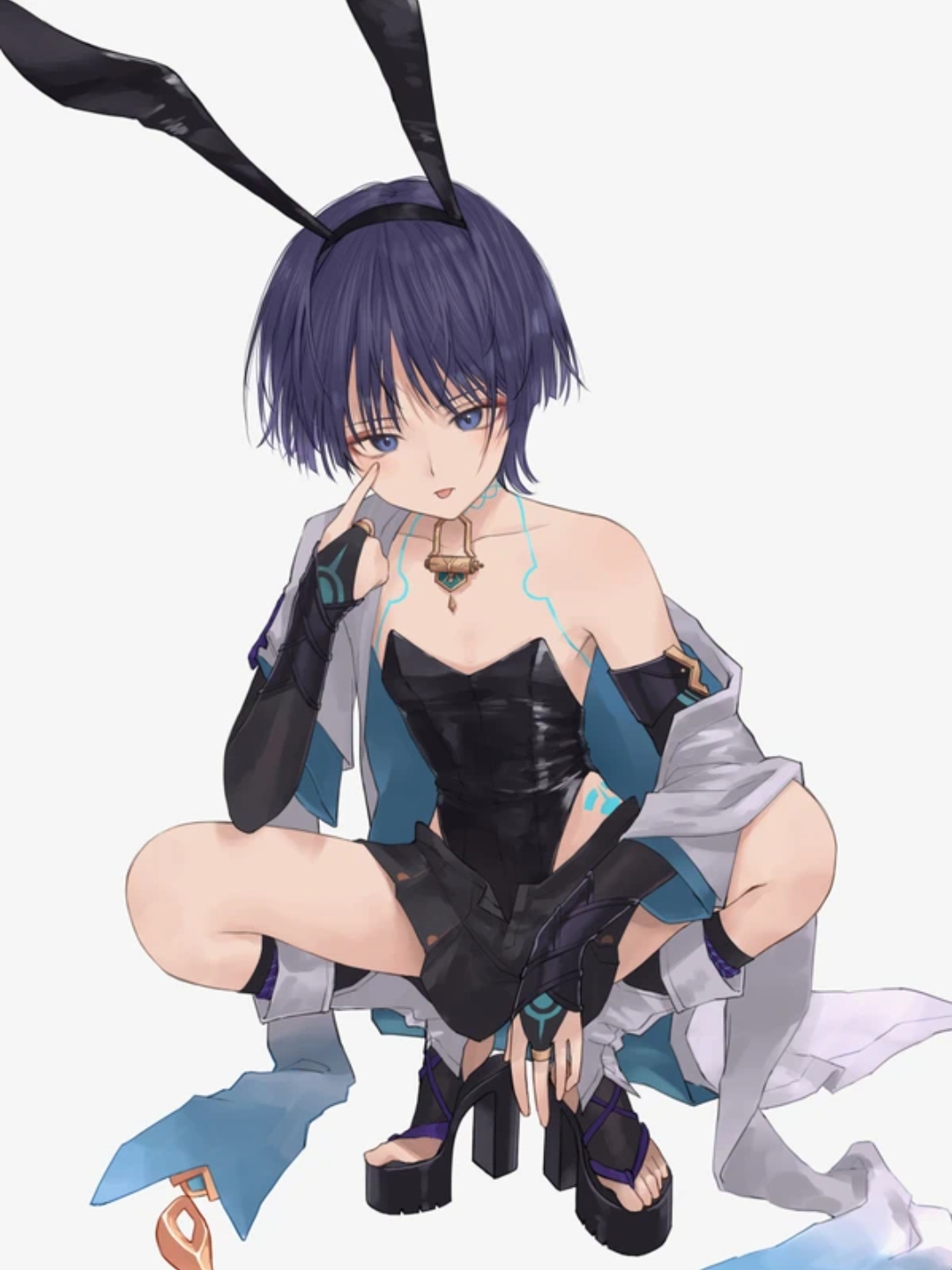 1boy, bunny ears, bunnysuit, female, femboy, feminine male, genshin impact, male, otoko no ko, purple eyes, purple hair, scaramouche (genshin impact), tomgirl, trap