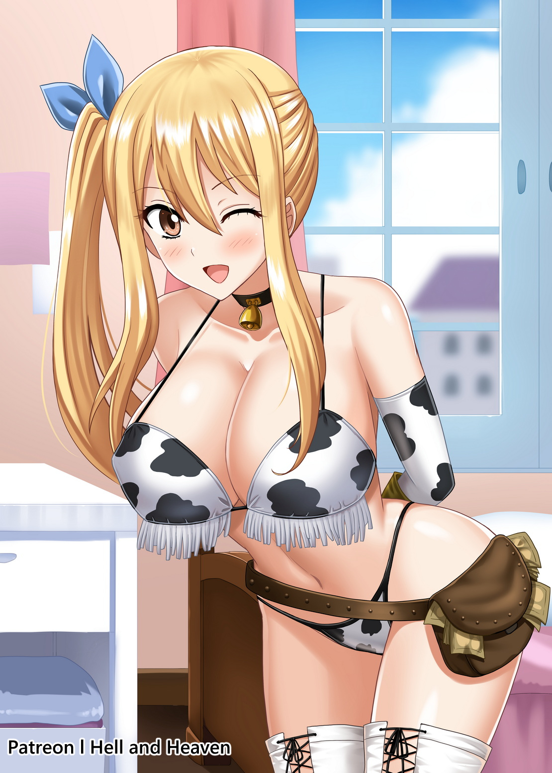 1girls, blonde hair, blonde-haired female, breasts, brown eyes, cleavage, collar, cow print, cow print bikini, cute, fairy tail, female, female only, hellandheaven, huge breasts, lace, lucy heartfilia, ponytail, revealing clothes, smile, thong, thong bikini