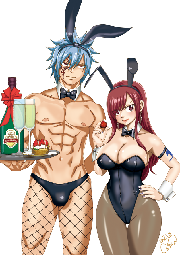 big_breasts blue_hair both_sexes_in_same_situation breasts bunny_boy bunny_costume bunny_ear bunny_ears bunny_girl bunnygirl bunnysuit cashew_(artist) cleavage erect_penis erection erza_scarlet fairy_tail jellal_fernandes long_hair nipples pantyhose red_hair seductive seductive_eyes seductive_look seductive_pose seductive_smile wide_hips