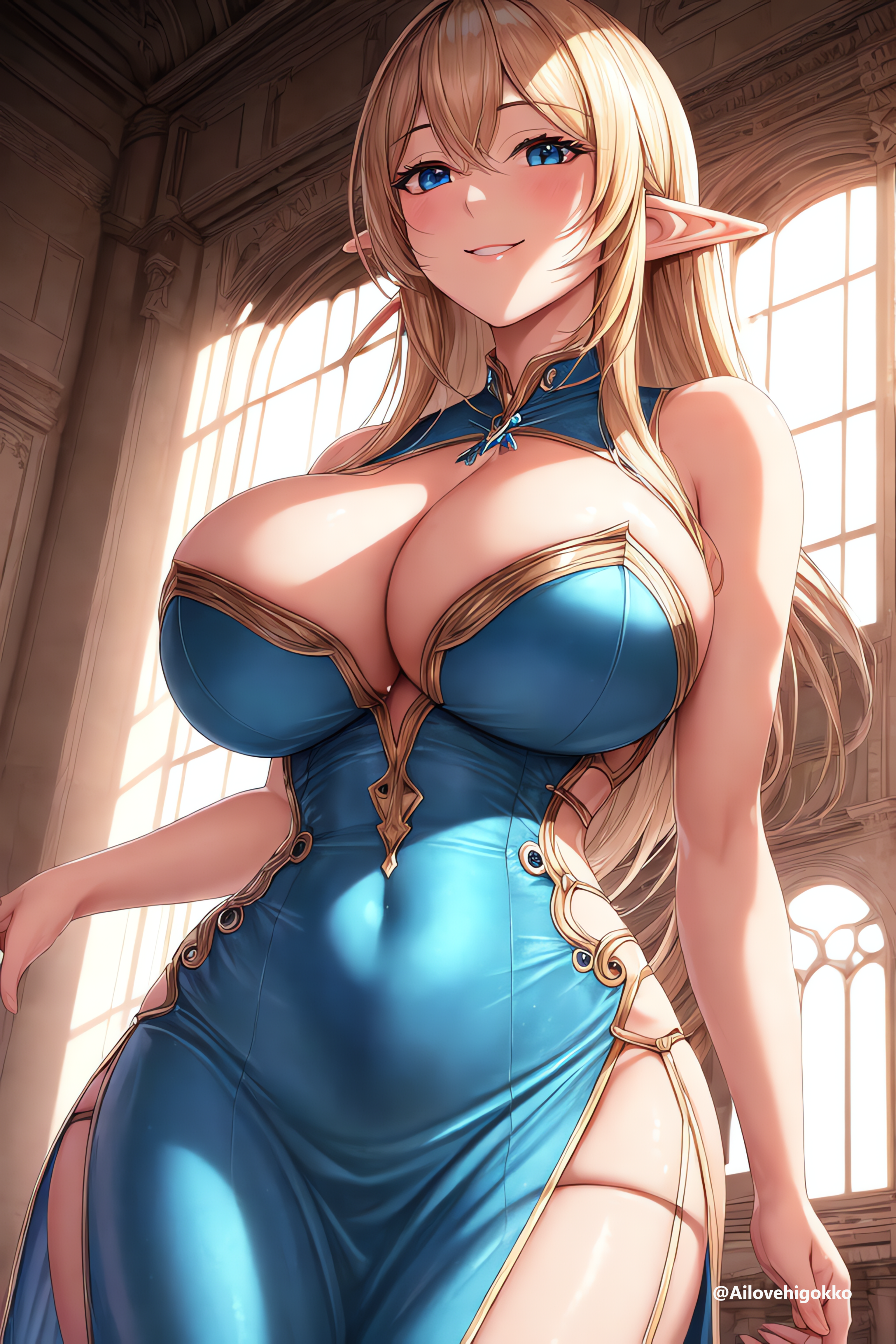 1girls, ai generated, ai love higokko, blonde hair, blue eyes, blush, breasts, cleavage, elf, elf ears, elf female, female, hips, holaraai, huge breasts, light skin, light-skinned female, long hair, massive breasts, original, original character, revealing clothes, smile, stable diffusion, thick thighs, thighs, wide hips
