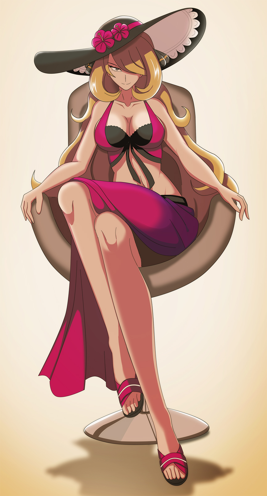 1girls, alternate costume, big breasts, bikini, blonde hair, breasts, chair, cleavage, cosplay, crossover, cynthia (pokemon), dorothea arnault (cosplay), dorothea arnault (summer) (cosplay), female, female only, fire emblem, fire emblem: three houses, long hair, nintendo, pokemon, sandals, sarong, sitting, solo, towel, vivivoovoo
