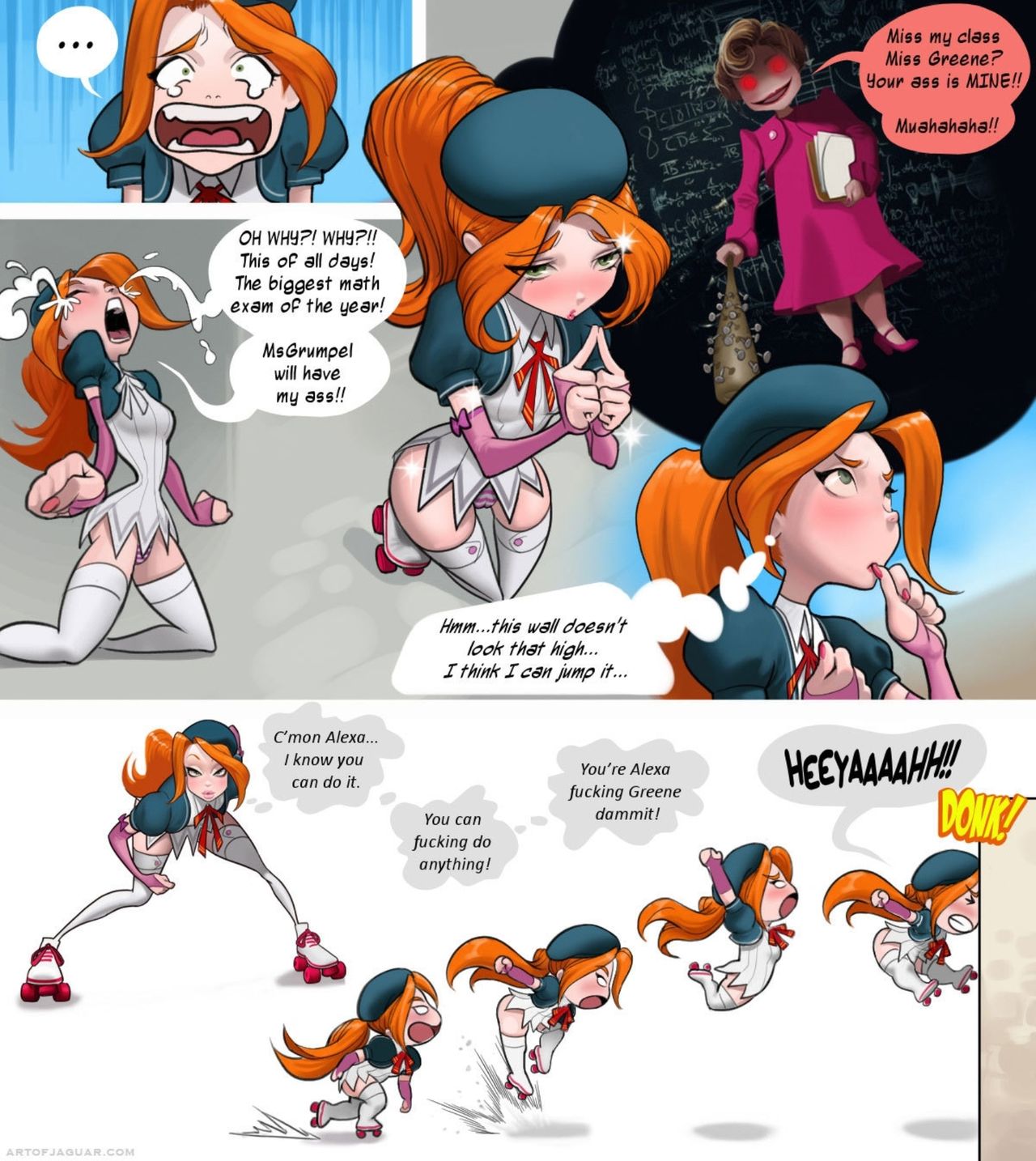 alexa_greene bubble_butt comic english_text jaguar_(artist) red_hair roller_skates school_uniform schoolgirl tagme teenage_girl teenager text