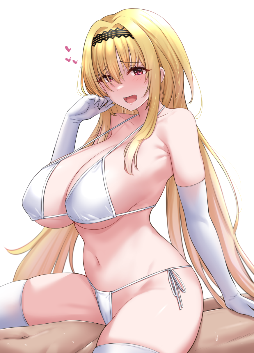 1boy :d bikini black_hairband blonde_hair breasts cowgirl_position cowgirl_position elbow_gloves female gloves hairband highres idolmaster idolmaster_cinderella_girls kurosaki_chitose large_breasts long_hair open_mouth red_eyes sex sitting smile solo_focus straddling straight swimsuit thighhighs tomajiyama white_background white_bikini white_gloves white_thighhighs