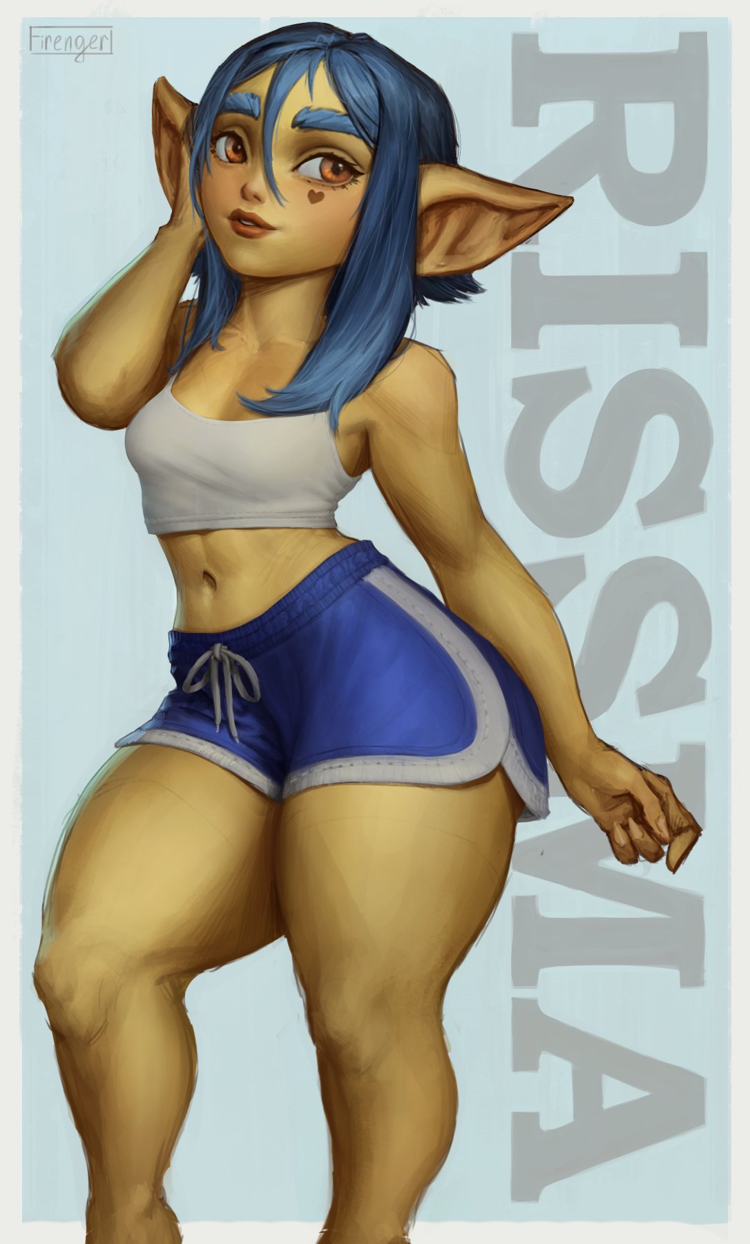 1girls blue_eyebrows blue_hair female female_only firenger gift_art goblin goblin_female green_skin heart_tattoo hi_res humanoid_pointy_ears long_hair looking_at_viewer orange_eyes pointy_ears rissma_(maewix1) shorts solo tank_top tattoo tattoo_under_eye thick_eyebrows thick_thighs