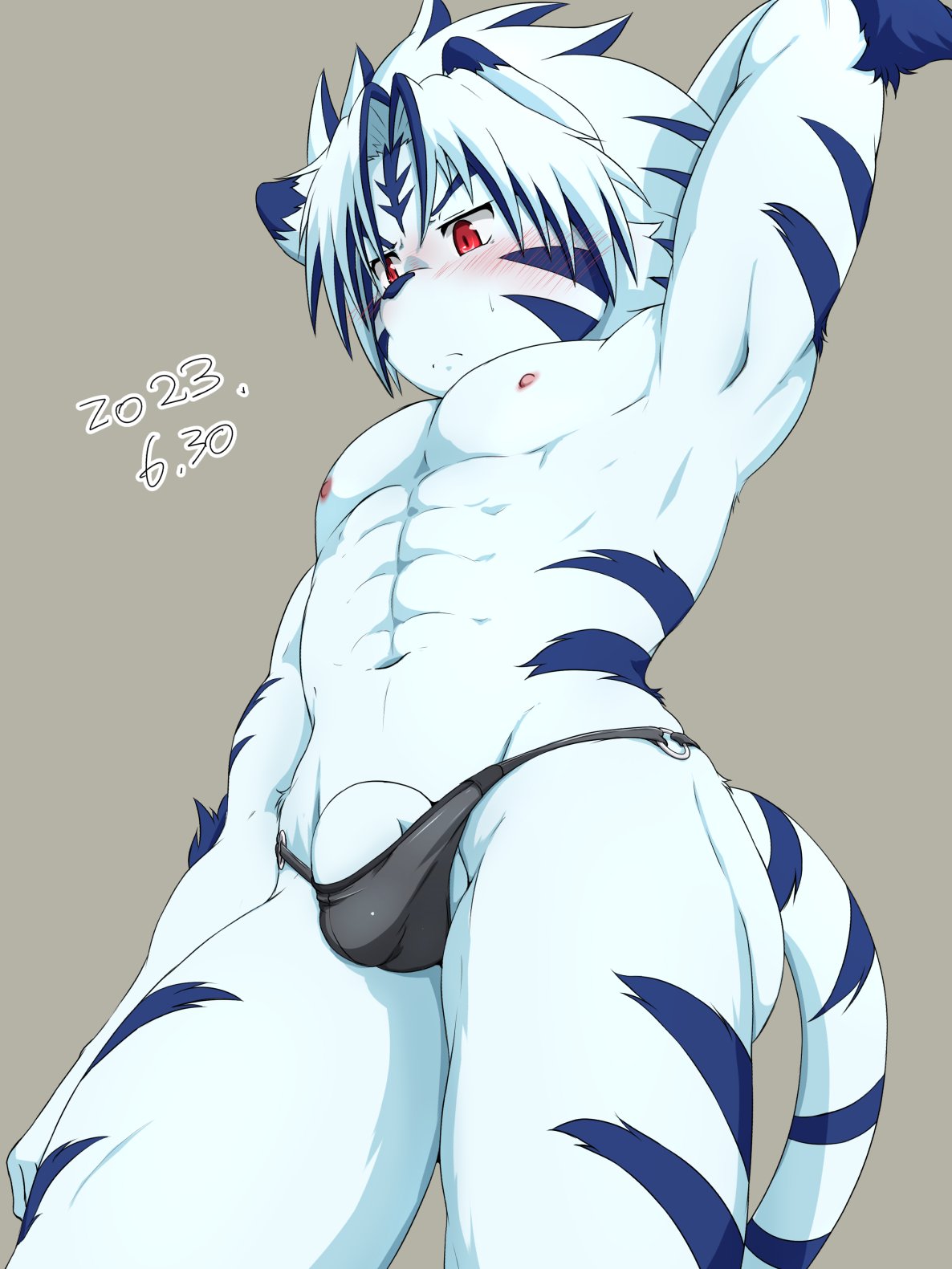 2023 abs anthro blue_body blue_ears blue_fur blue_hair blue_stripes blue_tail blush bulge chirasgi clothed clothing dated felid fur genitals hair hi_res kogenta male mammal markings multicolored_body multicolored_ears multicolored_fur multicolored_hair navel nipples onmyou_taisenki pantherine partially_clothed penis pink_nipples pose red_eyes solo striped_body striped_fur striped_markings striped_tail stripes tail tail_markings tiger topless two_tone_body two_tone_ears two_tone_fur two_tone_hair two_tone_tail