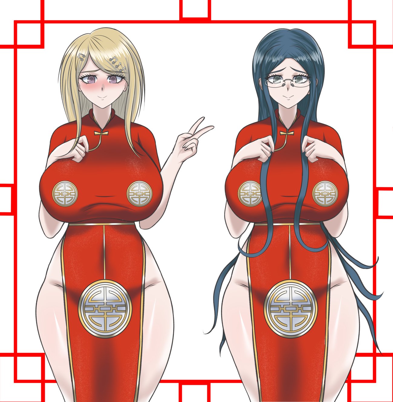 2girls, akamatsu kaede, amrak, bangs, bare legs, blonde hair, blue eyes, blue hair, blush, breasts, china dress, chinese clothes, clothed, danganronpa, danganronpa v3, duo, female, female focus, female only, glasses, hairclip, hand on breast, huge breasts, large breasts, light skin, light-skinned female, long hair, looking at viewer, peace sign, purple eyes, red clothing, shirogane tsumugi, short sleeves, sidelocks, straight hair, submissive pose, thick thighs, traditional clothes, v, v sign, wide hips