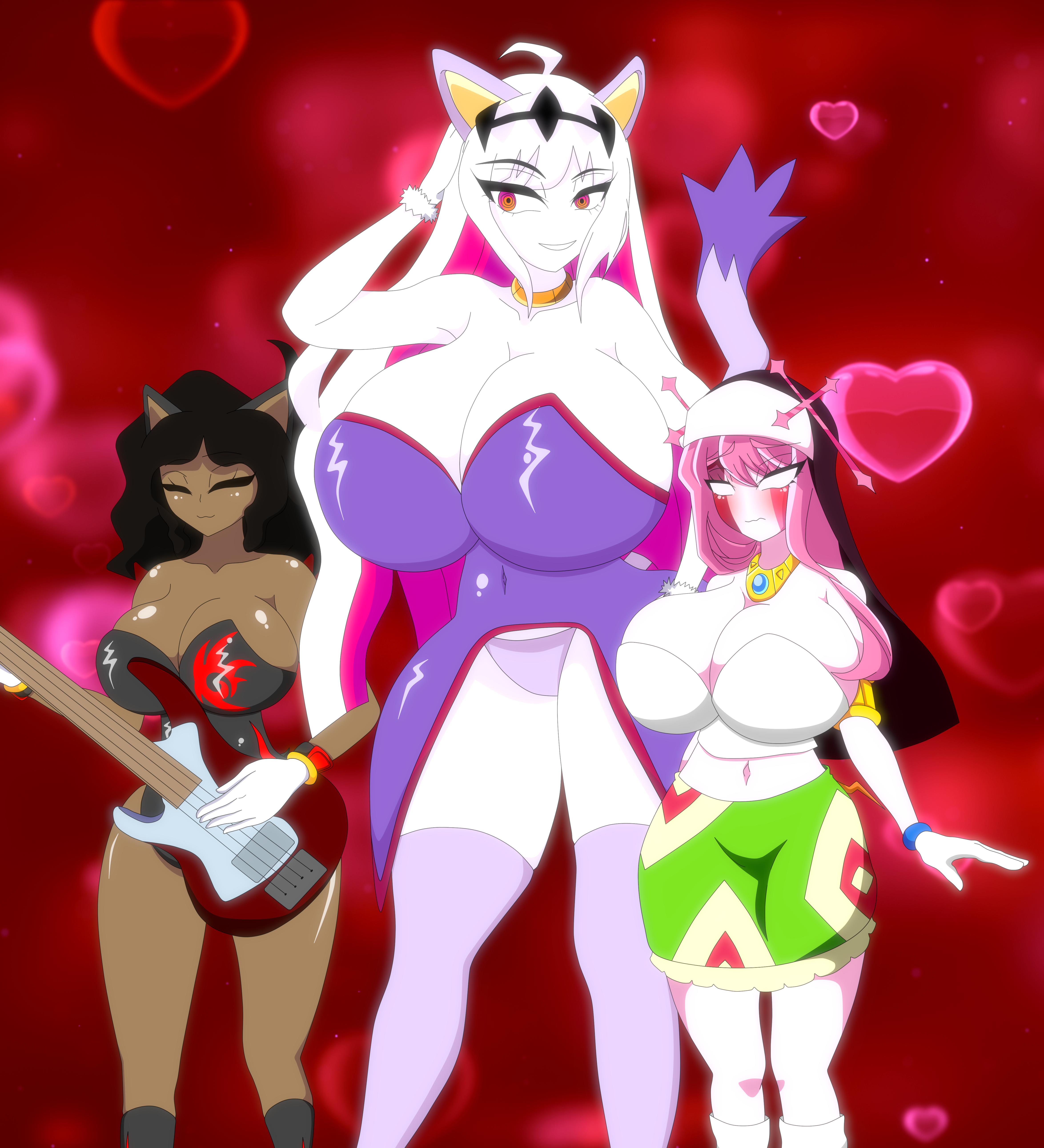 3girls, animal ears, black hair, blaze the cat, blaze the cat (cosplay), breasts, cosplay, crossover cosplay, exposed belly, female, friday night funkin, gloves, guitar, huge breasts, multiple females, multiple girls, nikusa (sugarratio), nonbinary, nun, panties, panties exposed, pink hair, sarvente (dokki.doodlez), shadow the hedgehog (cosplay), sonic (series), stockings, sunday (bbpanzu), taller female, thick thighs, tikal the echidna, tikal the echidna (cosplay), trans woman, transfem, white hair, xml xrossover (artist)