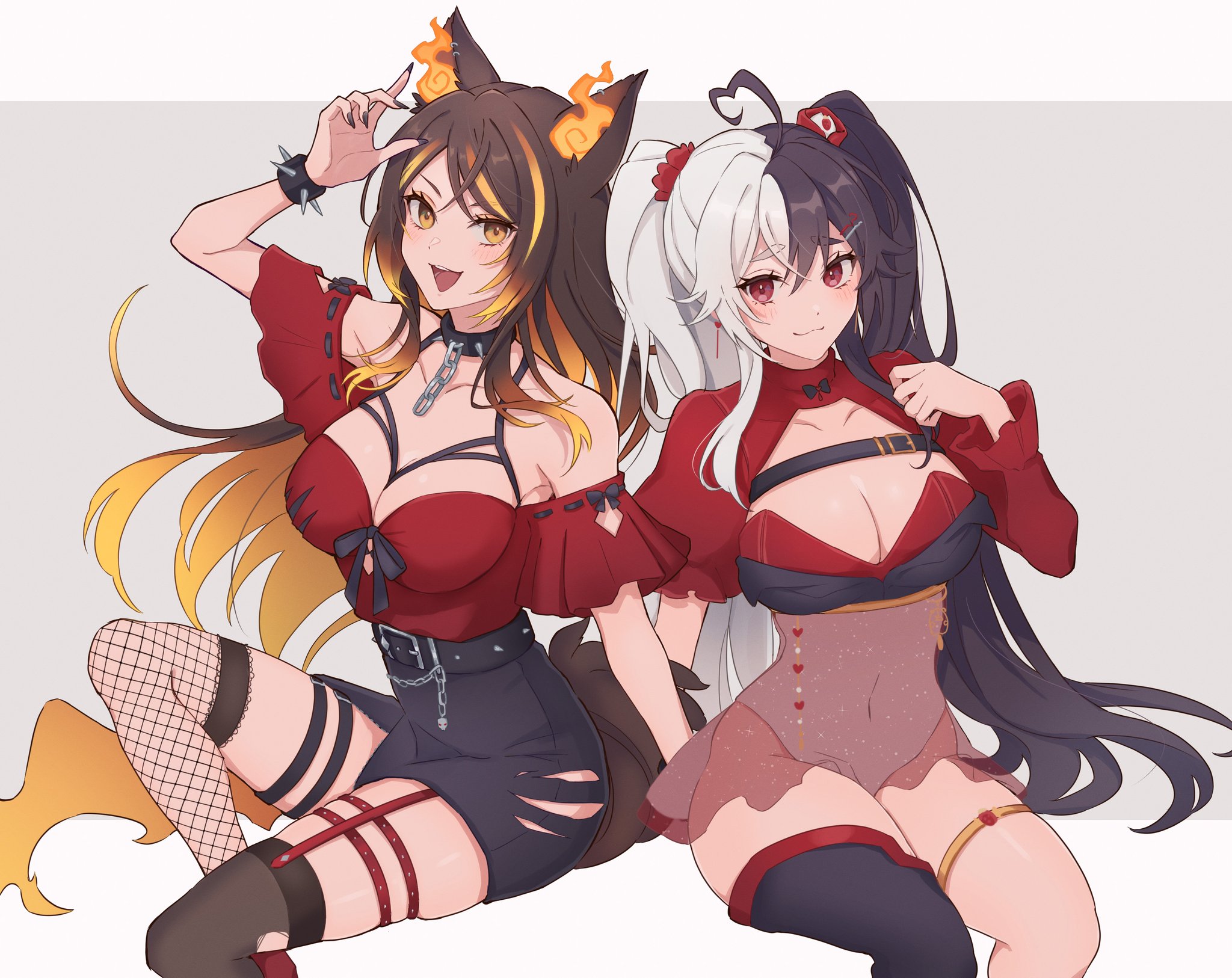 2d, 2d (artwork), 2d artwork, 2girls, ahoge, animal ears, bangs, big breasts, black choker, black dress, black hair, black legwear, breasts, brown hair, choker, cleavage, collar, covered navel, dress, female, female only, fishnet legwear, fishnets, fox ears, hellhound, hi res, highres, indie virtual youtuber, jacket, large breasts, light skin, light-skinned female, long hair, looking at viewer, mixed hair color, momotexx (vtuber), multicolored hair, multiple females, multiple girls, open mouth, orange eyes, ponytail, red eyes, red hair, red jacket, short dress, short sleeves, sinder (vtuber), single thighhigh, sitting, smile, streaked hair, thigh strap, thighhighs, thighs, virtual youtuber, vyugen, white hair, wolf, wolf ears, wolf girl, wolf tail, yellow eyes
