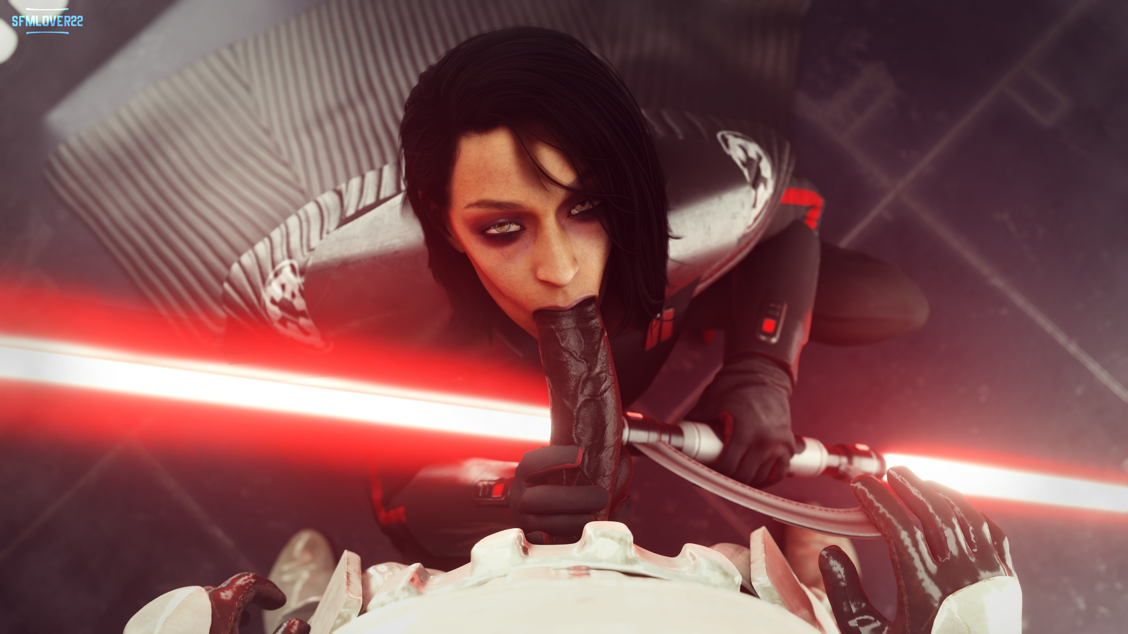 1boy, 1girls, 3d, 3d (artwork), big penis, black gloves, black hair, blowjob, blowjob face, brown skin, clothed, clothed female, clothed male, clothed sex, clothes, clothing, dark skin, dark-skinned female, dark-skinned male, dual-bladed lightsaber, duo, eye contact, fellatio, female, female focus, female penetrated, gloves, hand on penis, hi res, high resolution, high-angle view, highres, holding penis, indoor, indoors, inquisitor (star wars), inside, interracial, jedi: fallen order, large penis, lightsaber, looking at partner, looking at viewer, looking up, male, male penetrating, male penetrating female, male pov, male/female, medium hair, oral, oral penetration, oral sex, penetration, penile, penile penetration, penis, penis in mouth, penis out, pov, pov eye contact, red lightsaber, second sister, sex, sfmlover22, squatting, squatting blowjob, standing, star wars, stormtrooper, straight, straight hair, touching penis, trilla suduri, vein, veins, veiny, veiny penis, viewed from above