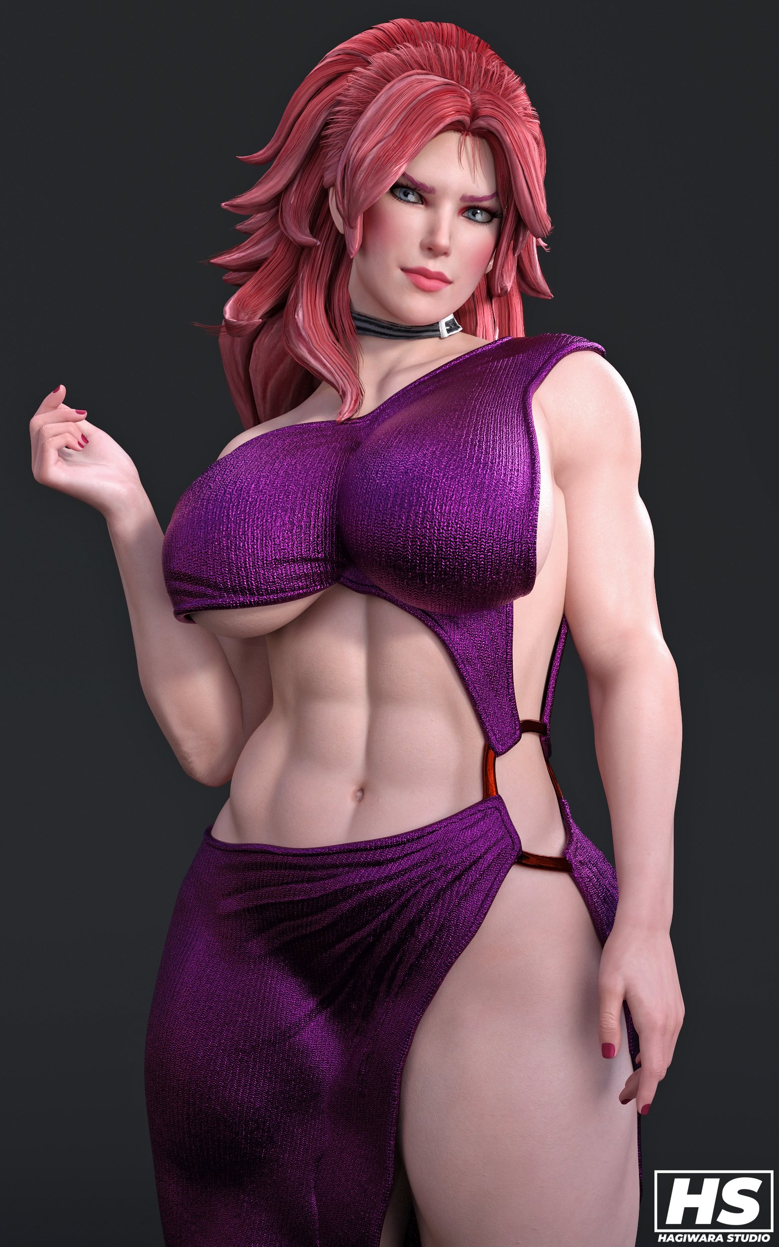1girls, 3d, abs, alternate version at source, alternate version available, armwear, big breasts, blue eyes, breasts, busty, capcom, choker, dress, female, female only, final fight, hagiwara studio, hourglass figure, long hair, midriff, muscular, muscular female, navel, pink hair, poison (final fight), solo, solo female, standing, street fighter, street fighter v, tagme, wide hips