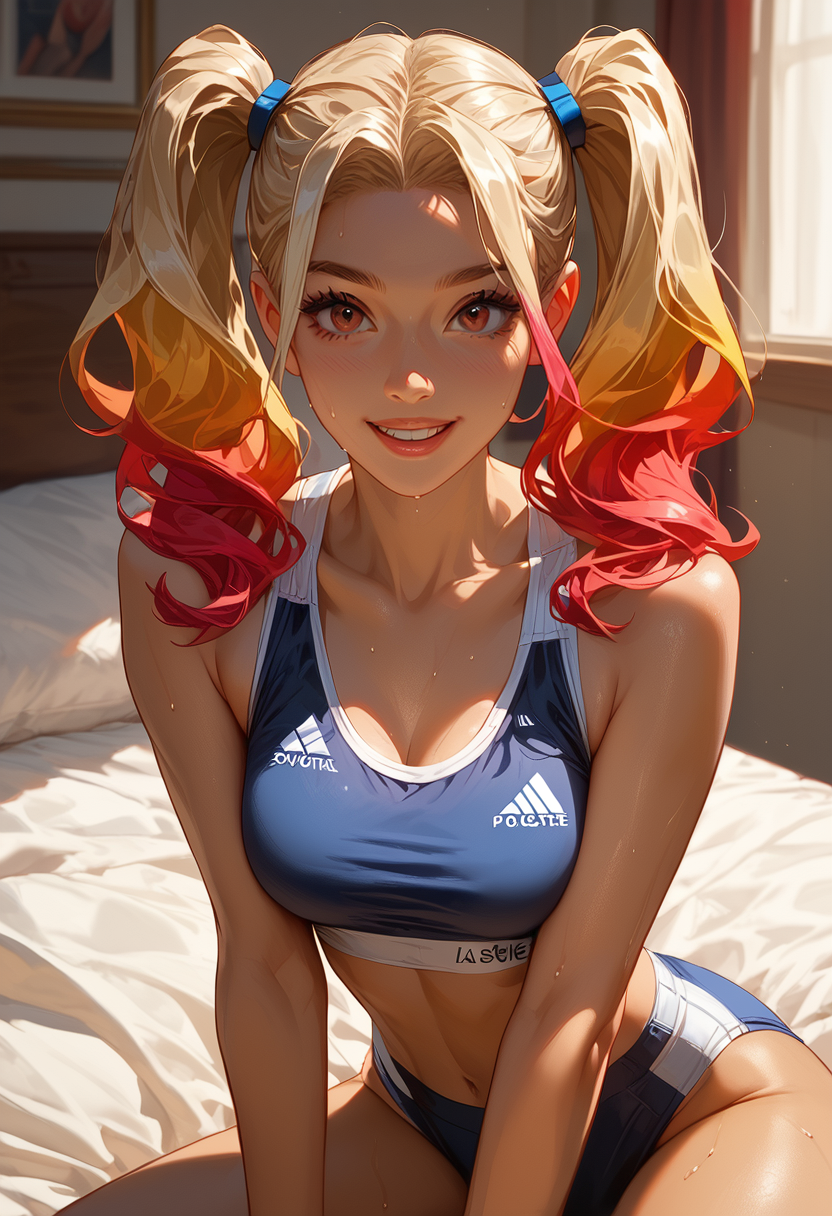 anime_style athletic_wear blonde_hair female red_tips twintails