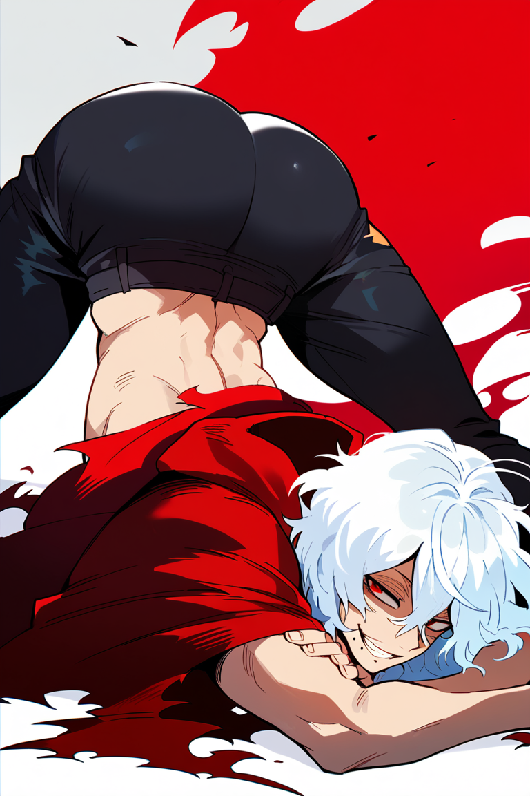 1boy ai_generated ass ass_focus big_ass big_ass_(male) big_butt black_pants boku_no_hero_academia bulge cape face_down_ass_up grin jack-o_pose male male_only my_hero_academia posing red_cape red_eyes shigaraki_tomura shirtless smile tomura_shigaraki yaoi