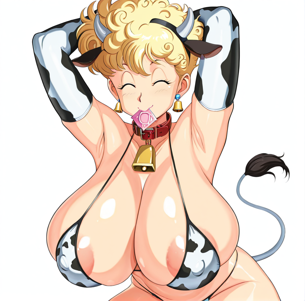 ai_generated arms_behind_head blonde_hair closed_eyes collar condom condom_in_mouth condom_wrapper cow_ears cow_horns cow_print cowbell curly_hair dragon_ball huge_breasts mature_female milf panchy panchy_(dragon_ball) panchy_briefs short_hair stable_diffusion