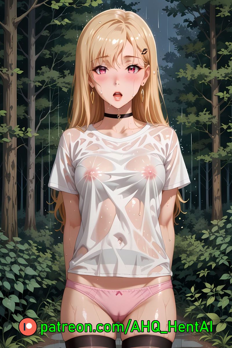 1girls ahq_hentai ai_generated ayase_saki blonde_hair blush breasts cameltoe forest gimai_seikatsu medium_breasts nipples panties patreon perfect_body raining see-through see-through_clothing stable_diffusion standing stockings wet wet_clothes wet_shirt