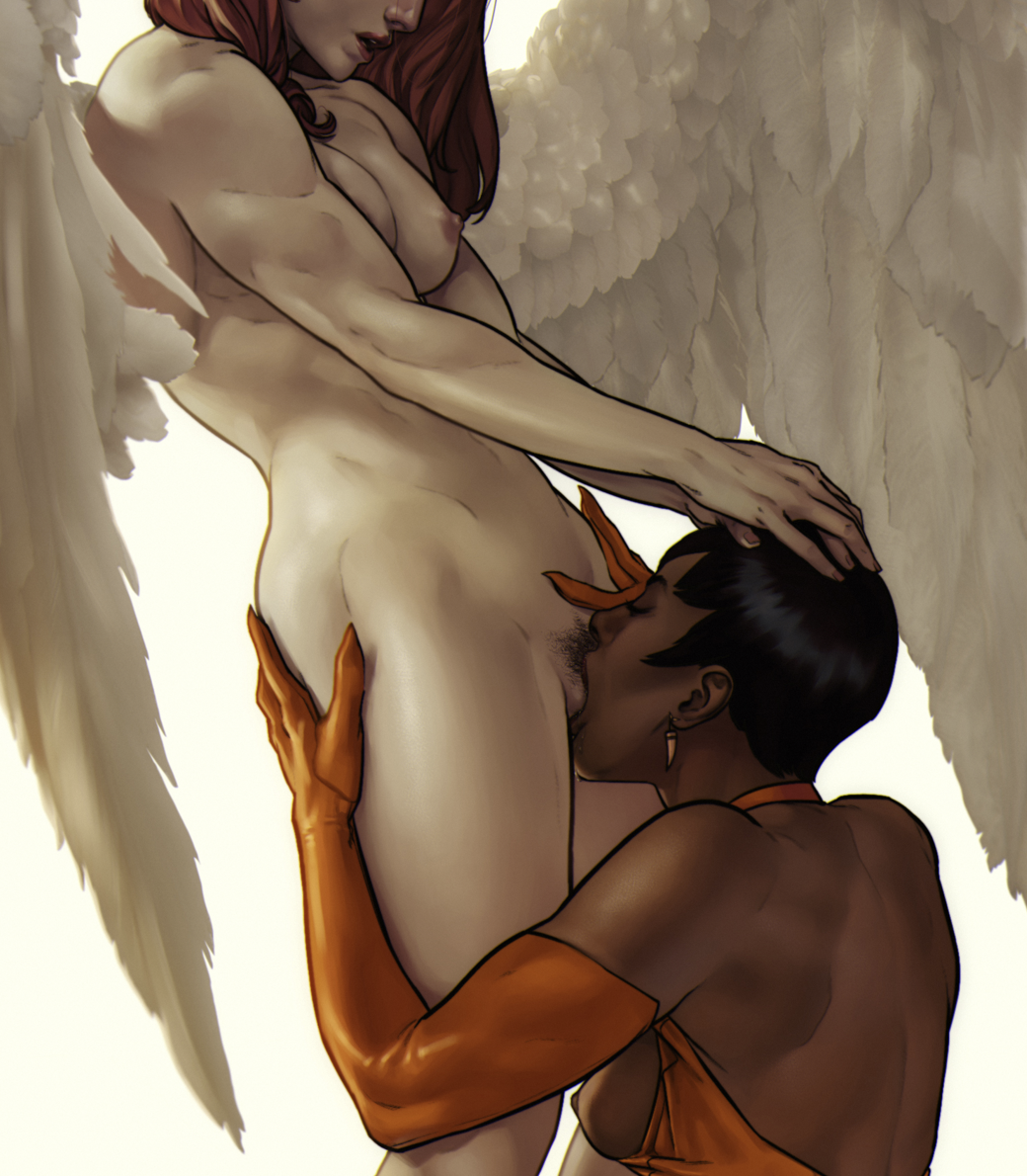2girls, african, african female, angel wings, areolae, back muscles, big nipples, black hair, breasts, breasts out, brown hair, closed eyes, cunnilingus, dark skin, dark-skinned female, dc, dc comics, dima ivanov, earrings, female, female only, hand on head, hawkgirl, human, interracial, interracial yuri, kneeling, light skin, light-skinned female, looking pleasured, medium breasts, multiple females, multiple girls, muscles, muscular, muscular arms, muscular back, muscular female, nipples, on knees, partially visible vulva, passionate, perky breasts, pleasure face, plump labia, pubic hair, puffy areolae, pussy, red hair, short hair, sideboob, standing, standing cunnilingus, thighs, vixen (dc), white background, wings, yuri