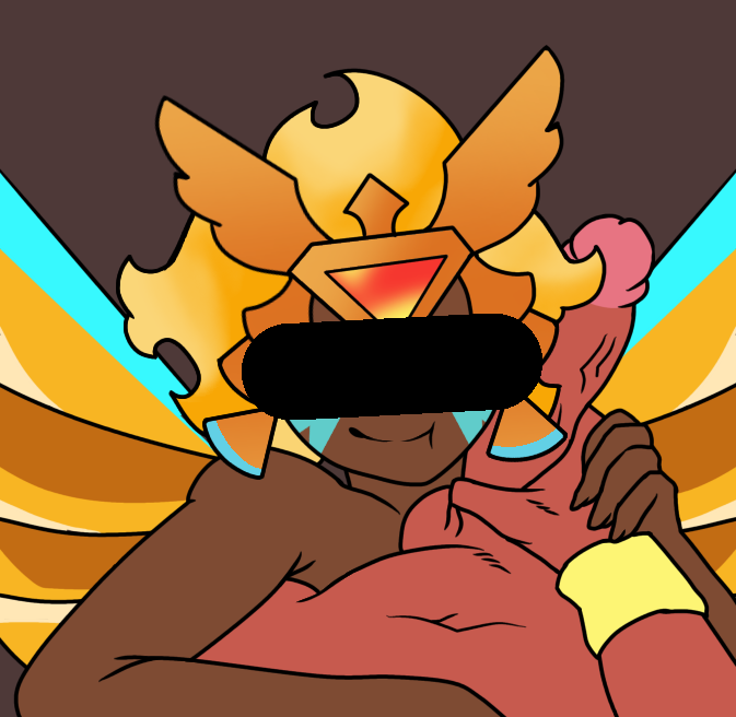 black_skin blowjob burning_spice_cookie censored_eyes cookie_run cookie_run_kingdom golden_cheese_cookie penis_on_face red_skin simple_background straight wings yellow_hair