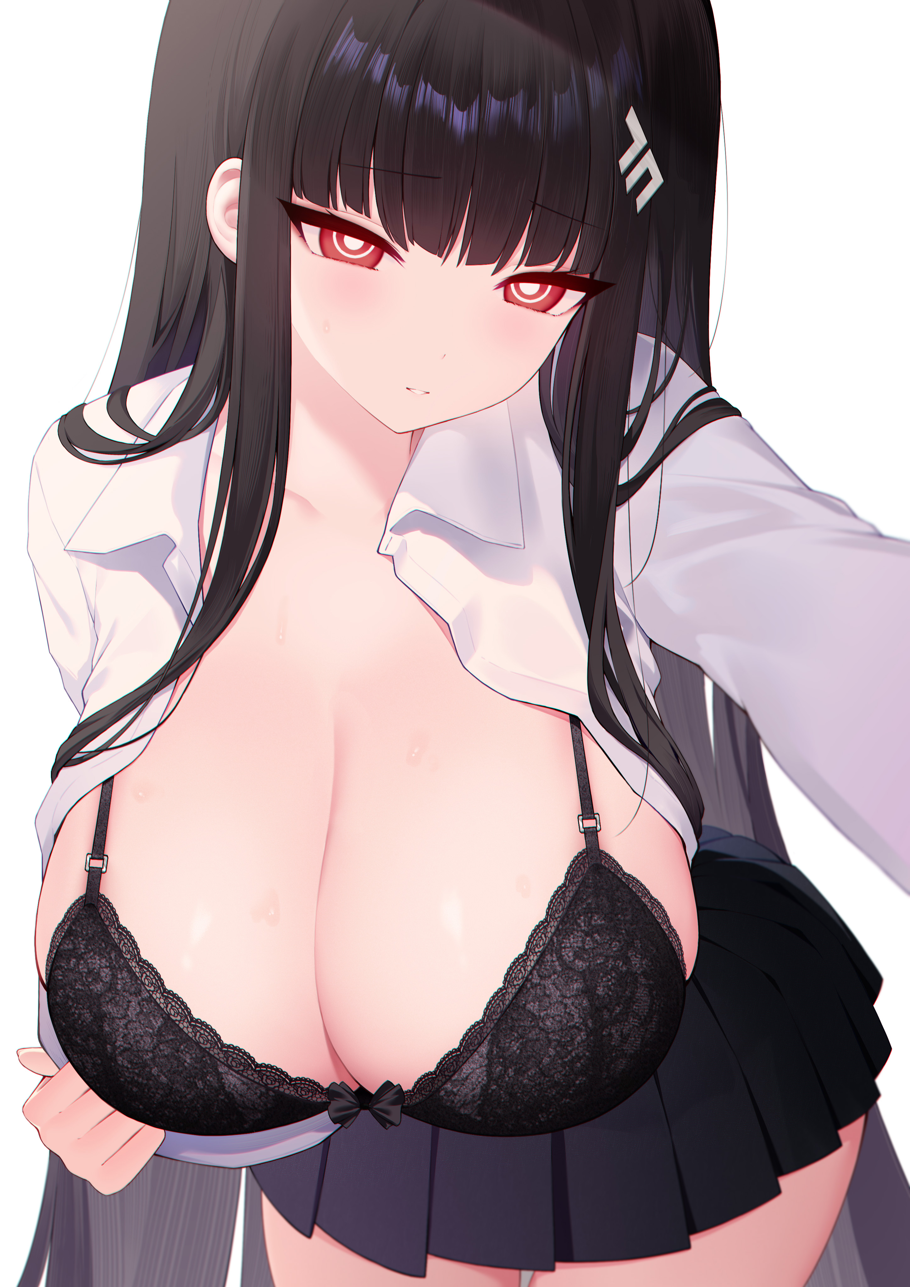 1girls, absurdres, bangs, big breasts, black bra, black hair, black skirt, black underwear, blue archive, blunt bangs, blush, blushing at viewer, bra, breasts, bright pupils, cleavage, collared shirt, eyebrows visible through hair, female, hair ornament, hairclip, hairpin, highres, huge breasts, large breasts, light skin, light-skinned female, long hair, looking at viewer, millennium science school logo (blue archive), millennium science school student, open clothes, pleated skirt, red eyes, ringed eyes, rio (blue archive), seminar (blue archive), seminar president, shan far, shirt, simple background, skirt, solo, student council president, unbuttoned, unbuttoned shirt, underwear, very long hair, white background, white pupils, white shirt