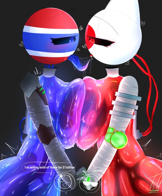 2girls 44waa29304 big_breasts black_background blue_body blue_eyes breasts_to_breasts china_(countryhumans) closed_eyes countryhumans countryhumans_girl hearts_around_head holding_hands japan_(countryhumans) kissing long_tongue red_body red_eyes robot robot_girl robot_humanoid sunglasses tagme thailand_(countryhumans) united_states_of_america_(countryhumans) wires