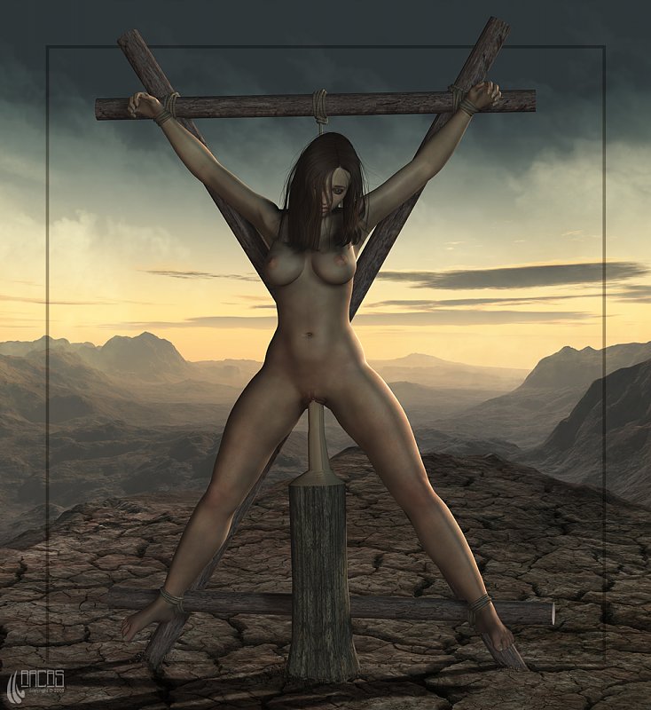 1girl 3d 3d_(artwork) afraid arcas choking desert hanged hanging heretic left_alone restrained scared_expression stretched_out stretched_out_legs suffocation tied_up torture