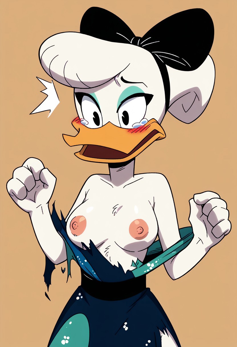 ai_generated blush daisy_duck ducktales_(2017) female female_only malfunction open_mouth suprised tearing_clothes tears torn_clothes wardrobe