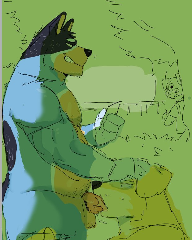 2025 anthro anthro_on_anthro anthro_penetrated anthro_penetrating anthro_penetrating_anthro artxtcy australian_cattle_dog balls bandit_heeler barazoku being_watched belly biceps big_muscles bird_dog bluey_(series) bodily_fluids canid canine canis cattledog caught_in_the_act cellphone deltoids domestic_dog duo_focus electronics erection eyebrows fellatio fence fur genitals golden_retriever group hand_on_head herding_dog holding_object holding_phone humanoid_genitalia humanoid_penis hunting_dog kemono looking_at_another looking_pleasured male male/male male_penetrated male_penetrating male_penetrating_male mammal musclegut muscular muscular_anthro muscular_male narrowed_eyes nude oral oral_penetration outside pastoral_dog pat_(bluey) pecs penetration penile penis penis_in_mouth phone plant retriever sex side_view simple_background smartphone smile standing sweat teeth thick_arms thick_thighs tree trio tuft vein